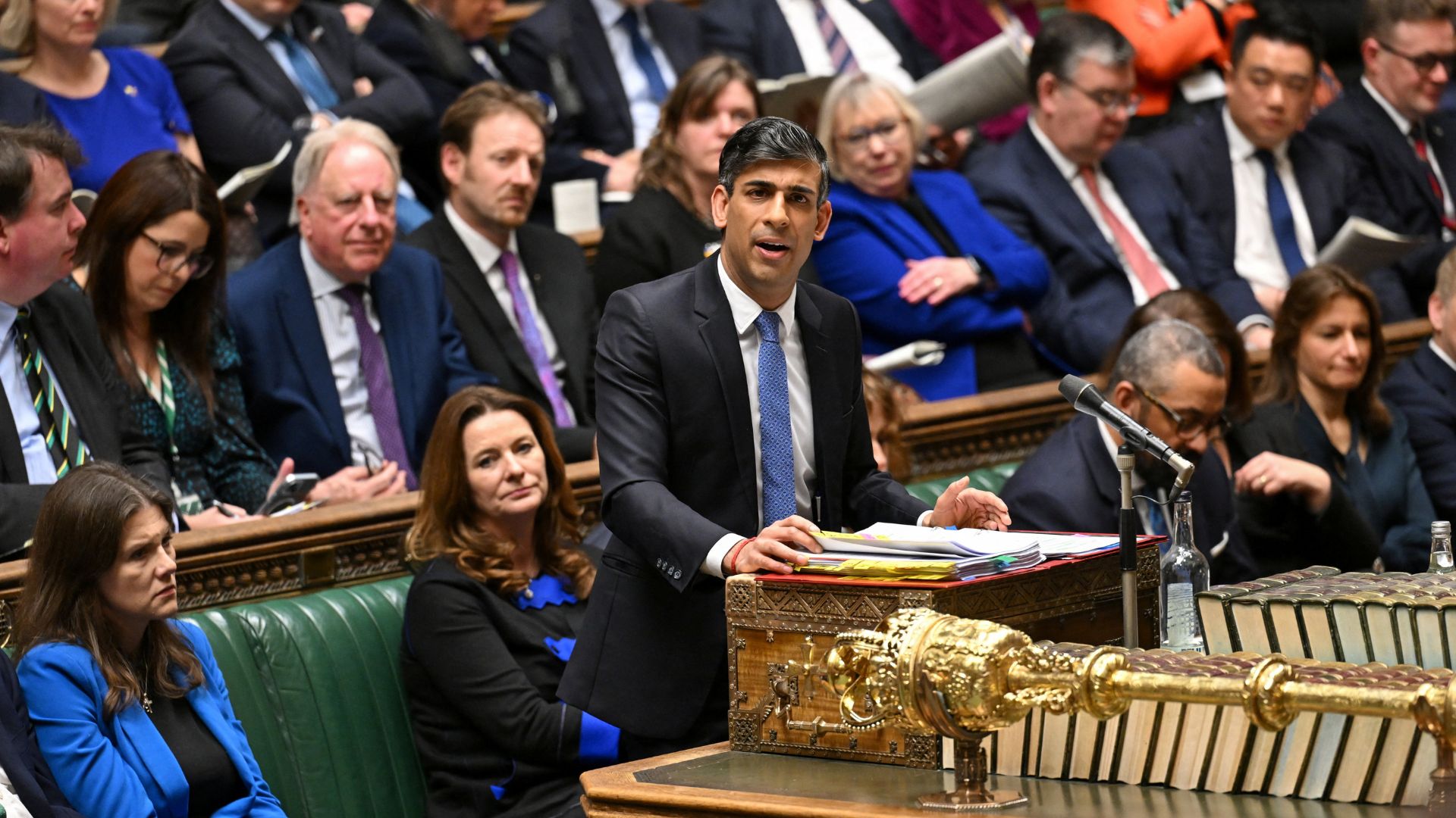 British Prime Minister Rishi Sunak speaks during Prime Minister's Questions, at the House of Commons in London,/UK Parliament/Maria Unger/Handout/Reuters