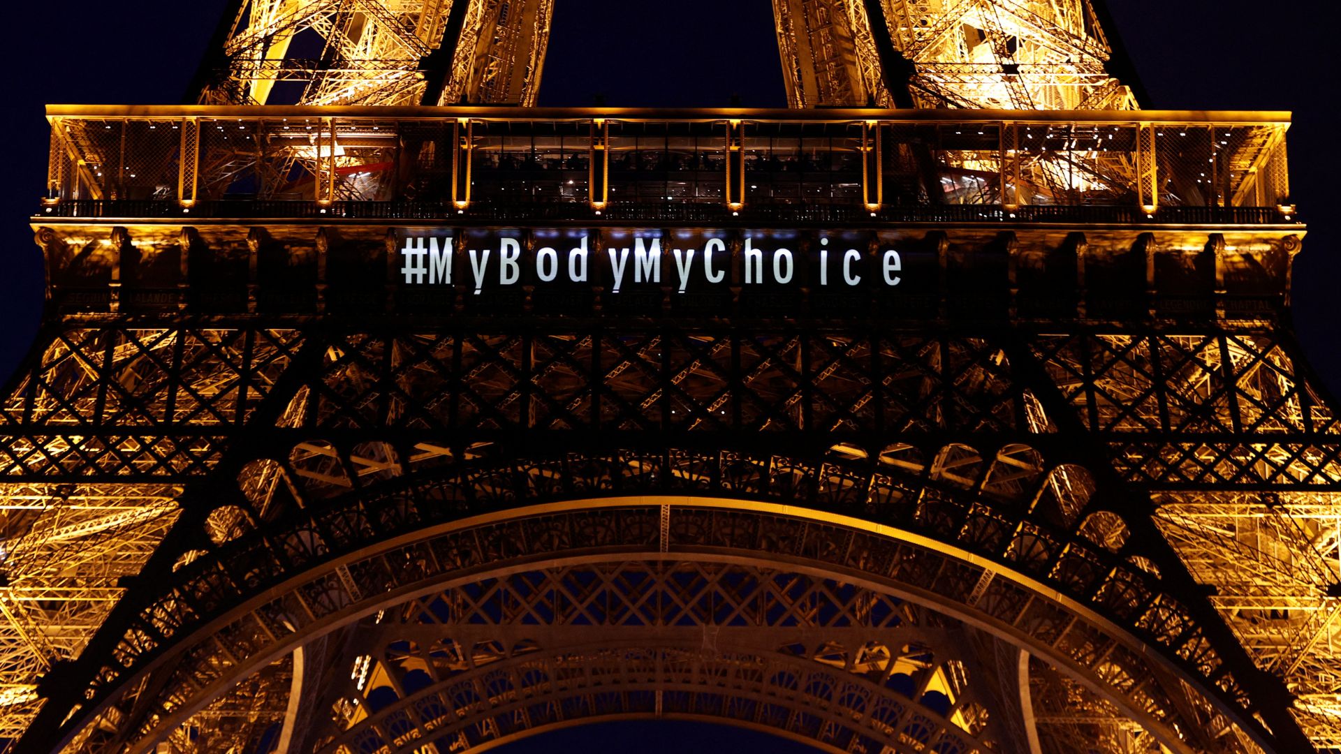 The Eiffel Tower lights up with the message 'My body, My choice' after French lawmakers enshrined the right to abortion in the constitution. /Abdul Saboor/Reuters