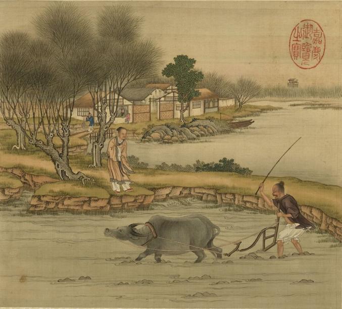 Ancient Chinese painting by Southern Song dynasty (1127-1279) painter Lou Shu shows the farming process