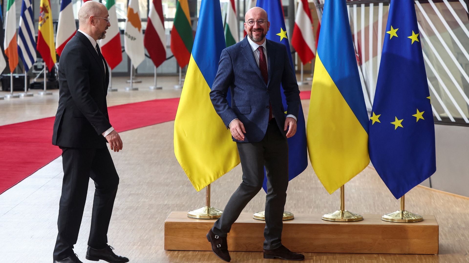 European Council President Charles Michel meets Ukraine's Prime Minister Denys Shmyhal on the day of the announcement. /Yves Herman/Reuters

