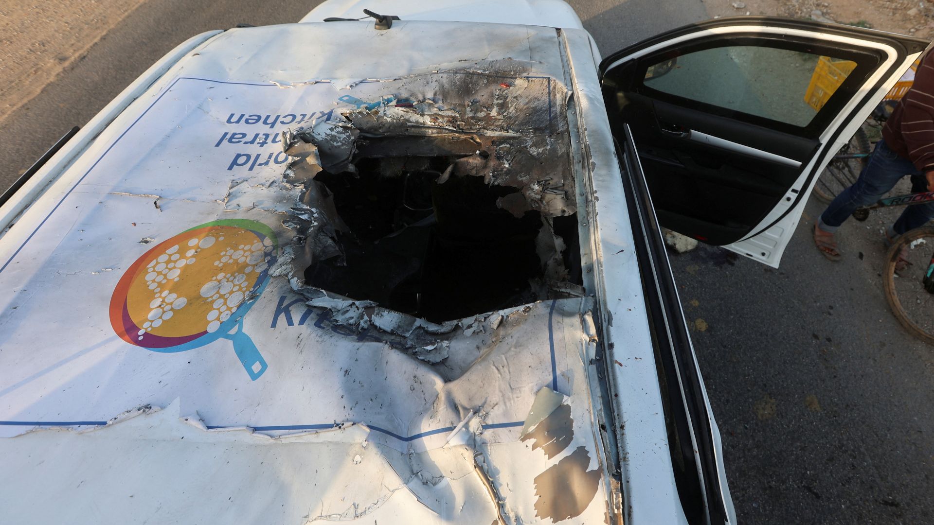 One of the charity aid vehicles destroyed during a lethal Israeli airstrike. /Ahmed Zakot/Reuters