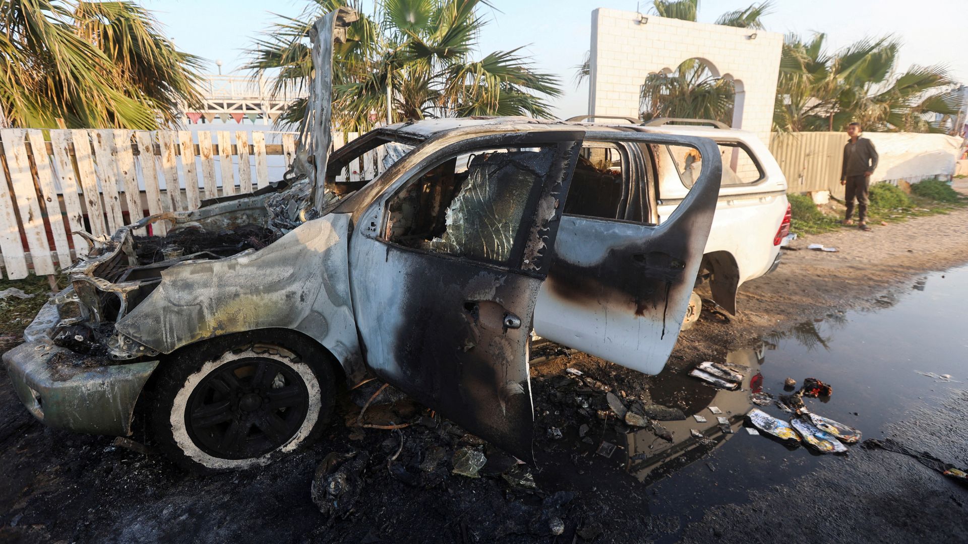 A vehicle in which WCK employees were killed in an Israeli airstrike. /Ahmed Zakot/Reuters