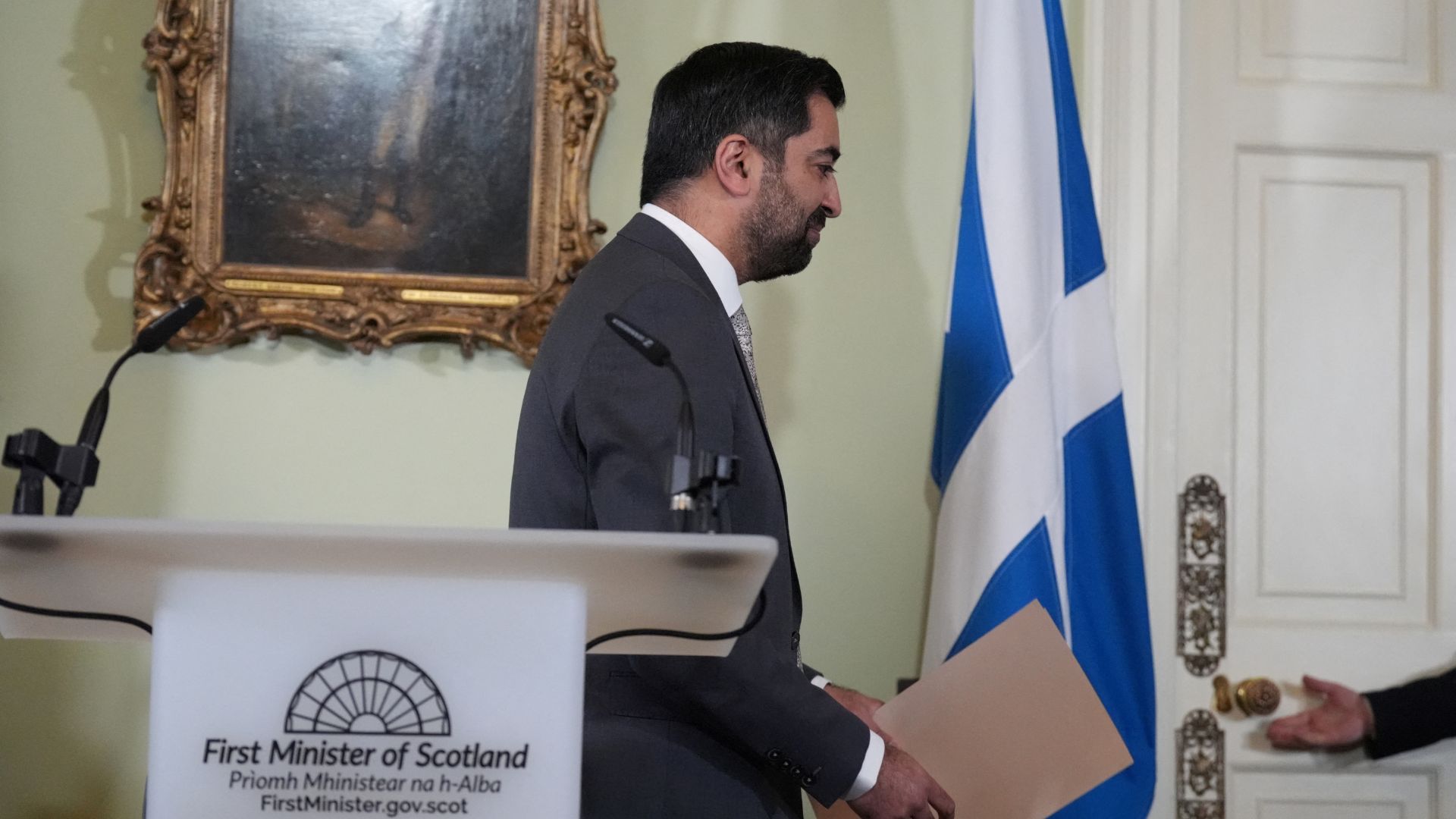 Scotland's First Minister Humza Yousaf leaves after his resignation news conference. /Andrew Milligan/Pool via Reuters