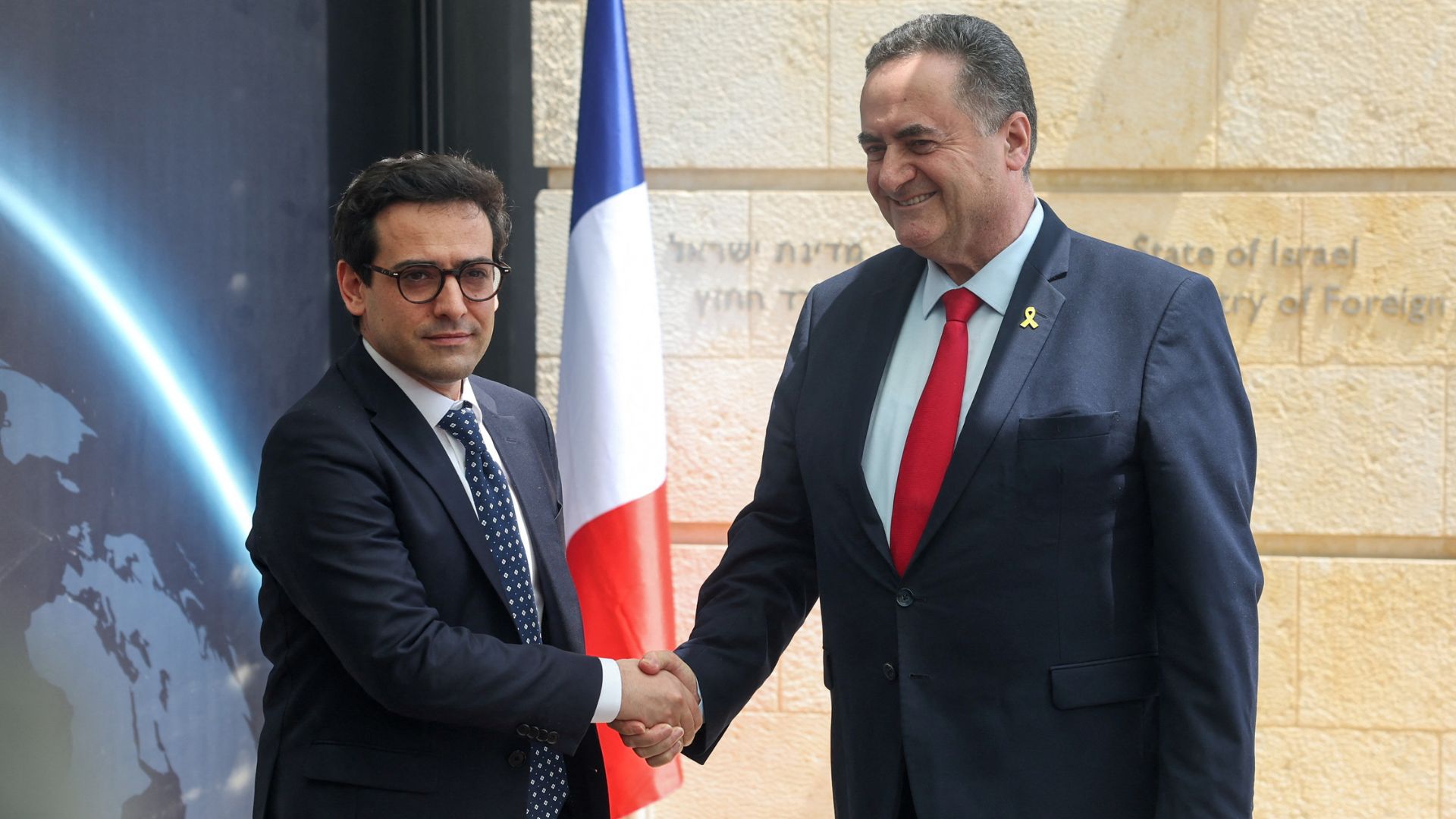 French Foreign Minister Stephane Sejourne meets Israeli counterpart Israel Katz, in Jerusalem, April 30. /Ronen Zvulun/Reuters
