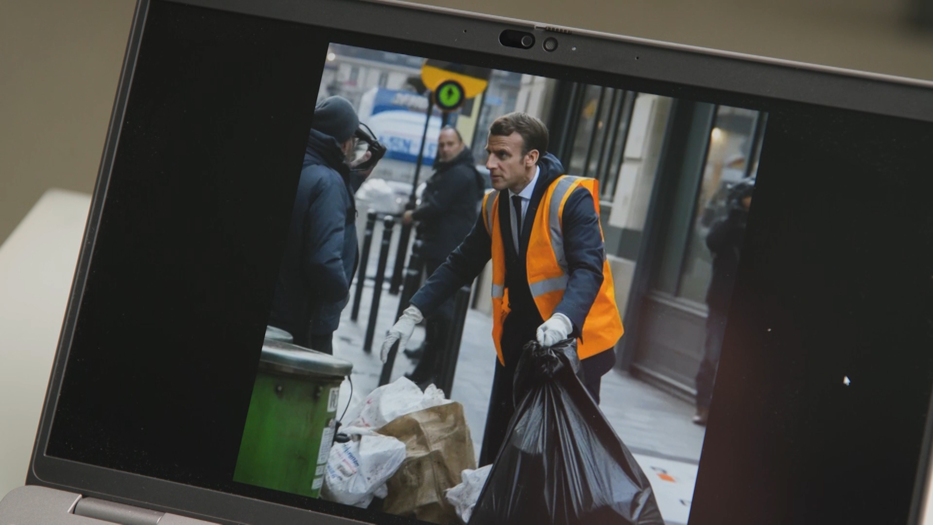 A fake photo of French President Emmanuel Macron collecting garbage. /Johannes Plescheberger/CGTN Europe 