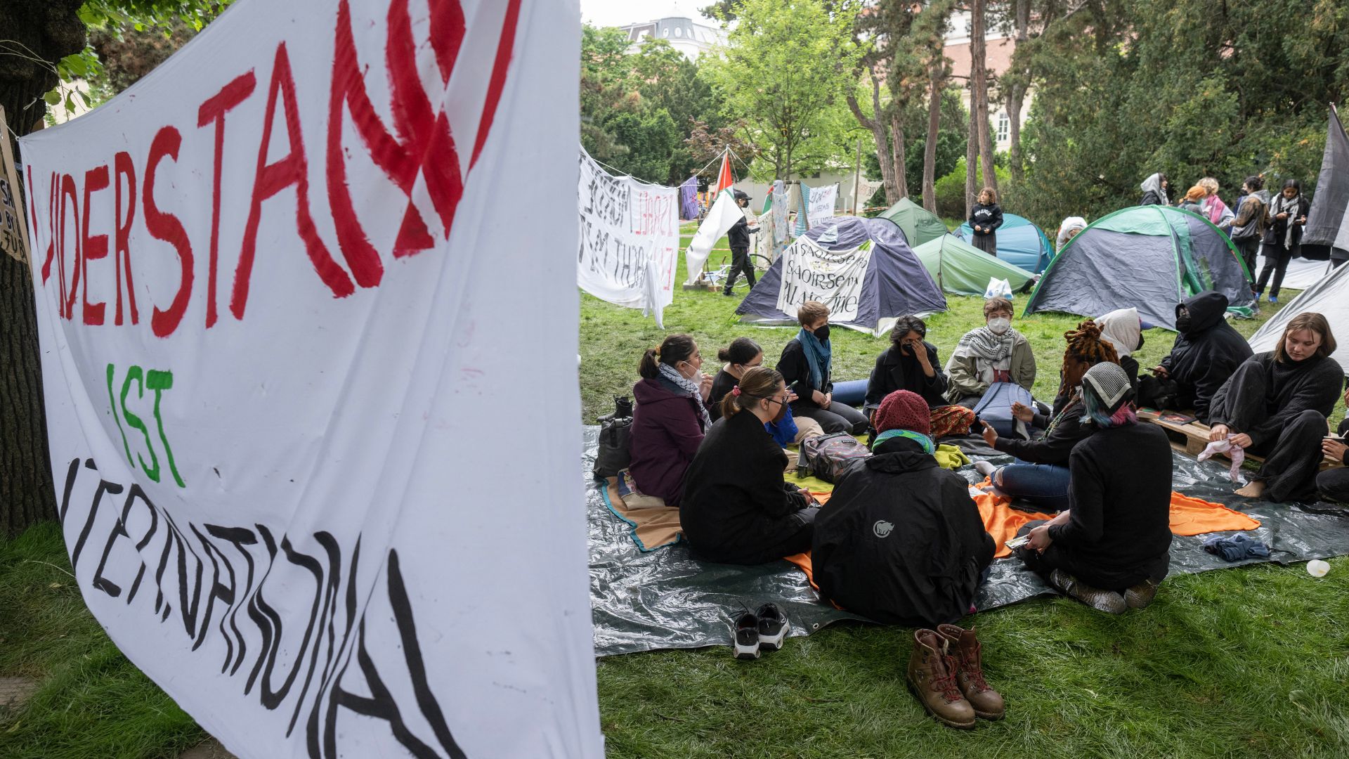 Students at the pro-Palestinian protest camp on the grounds of the University of Vienna on May 7. /AFP/Joe Klamar