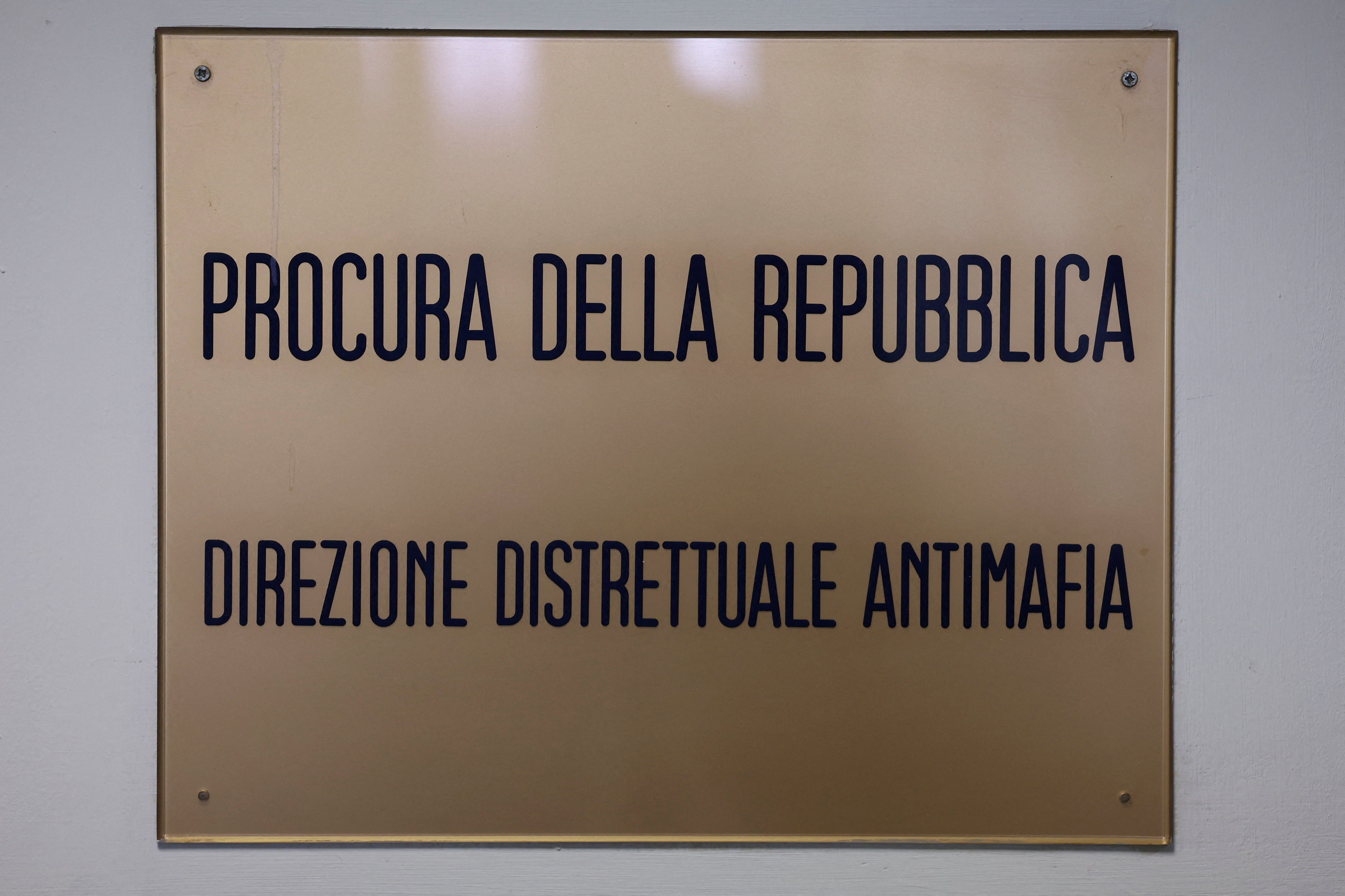 The 'Procura della Repubblica Direzione Distrittuale Anti mafia' sign, or the Anti Mafia Prosecutor's Office, at Milan's Court of Justice. /Claudia Greco/Reuters