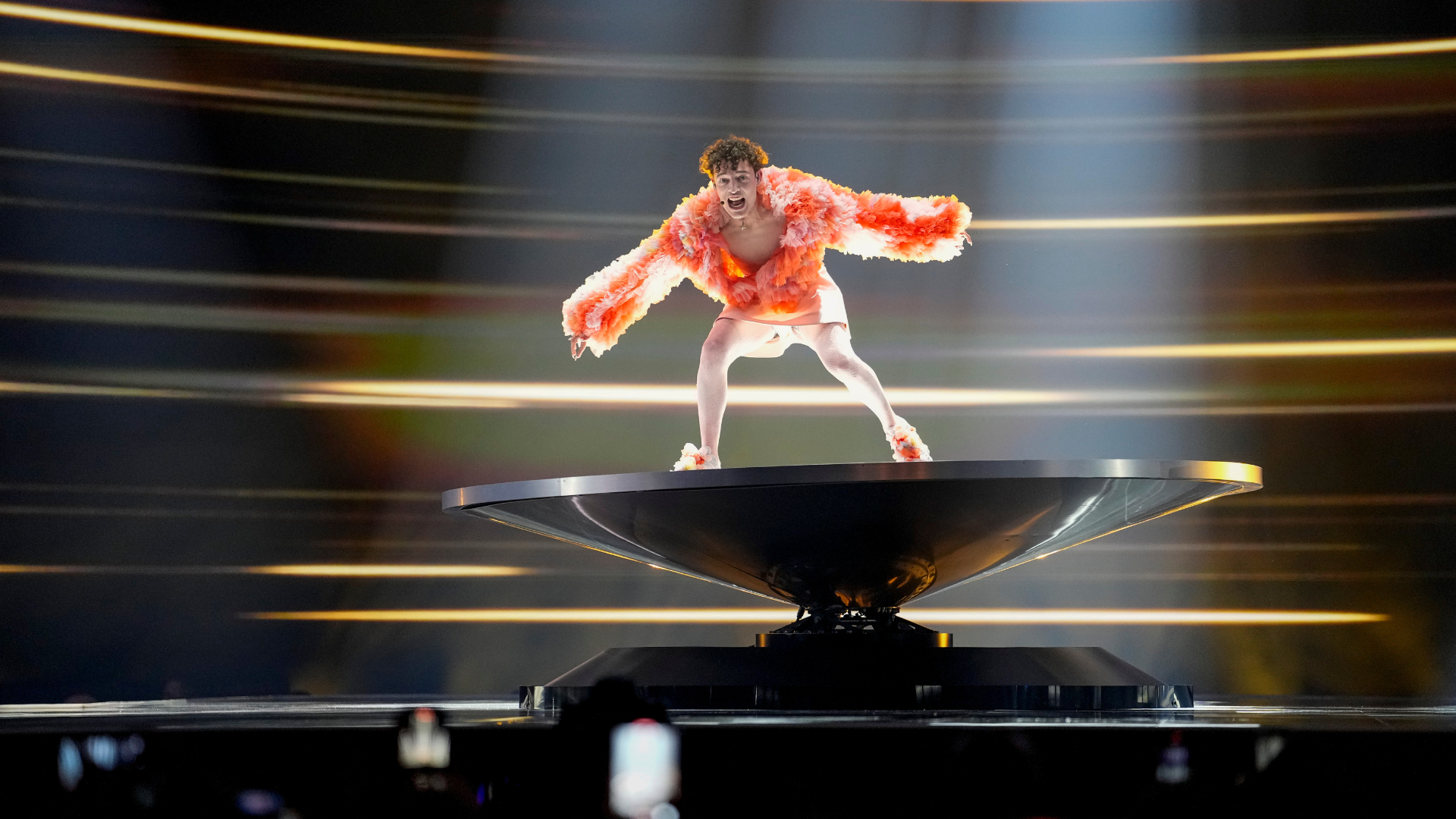 Nemo of Switzerland performs the song The Code during the second semi-final. /Martin Meissner/AP