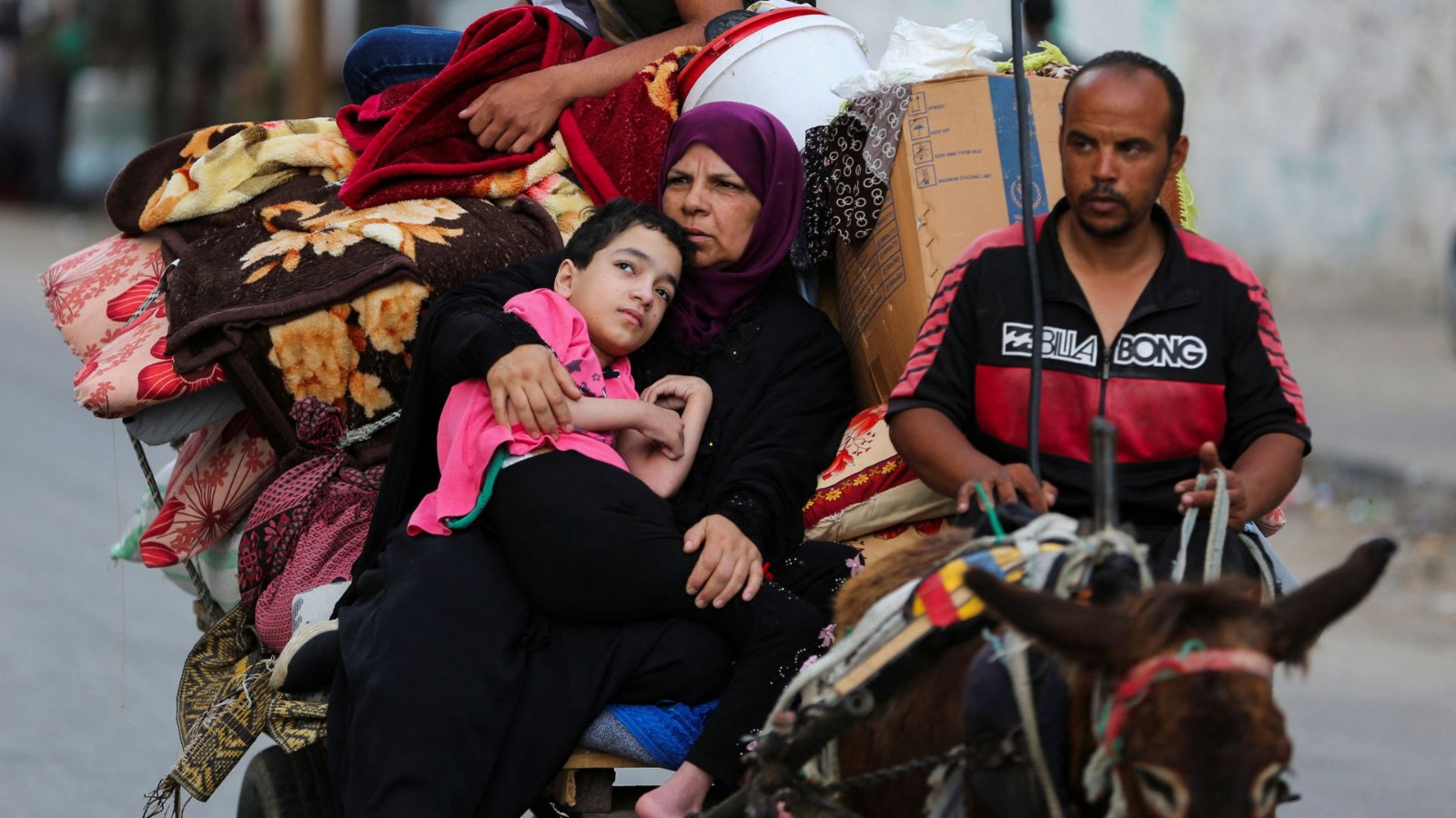 Palestinians travel in a donkey-drawn cart loaded with their belongings as they flee Rafah due to an Israeli military operation, in Rafah. /Hatem Khaled/Reuters
