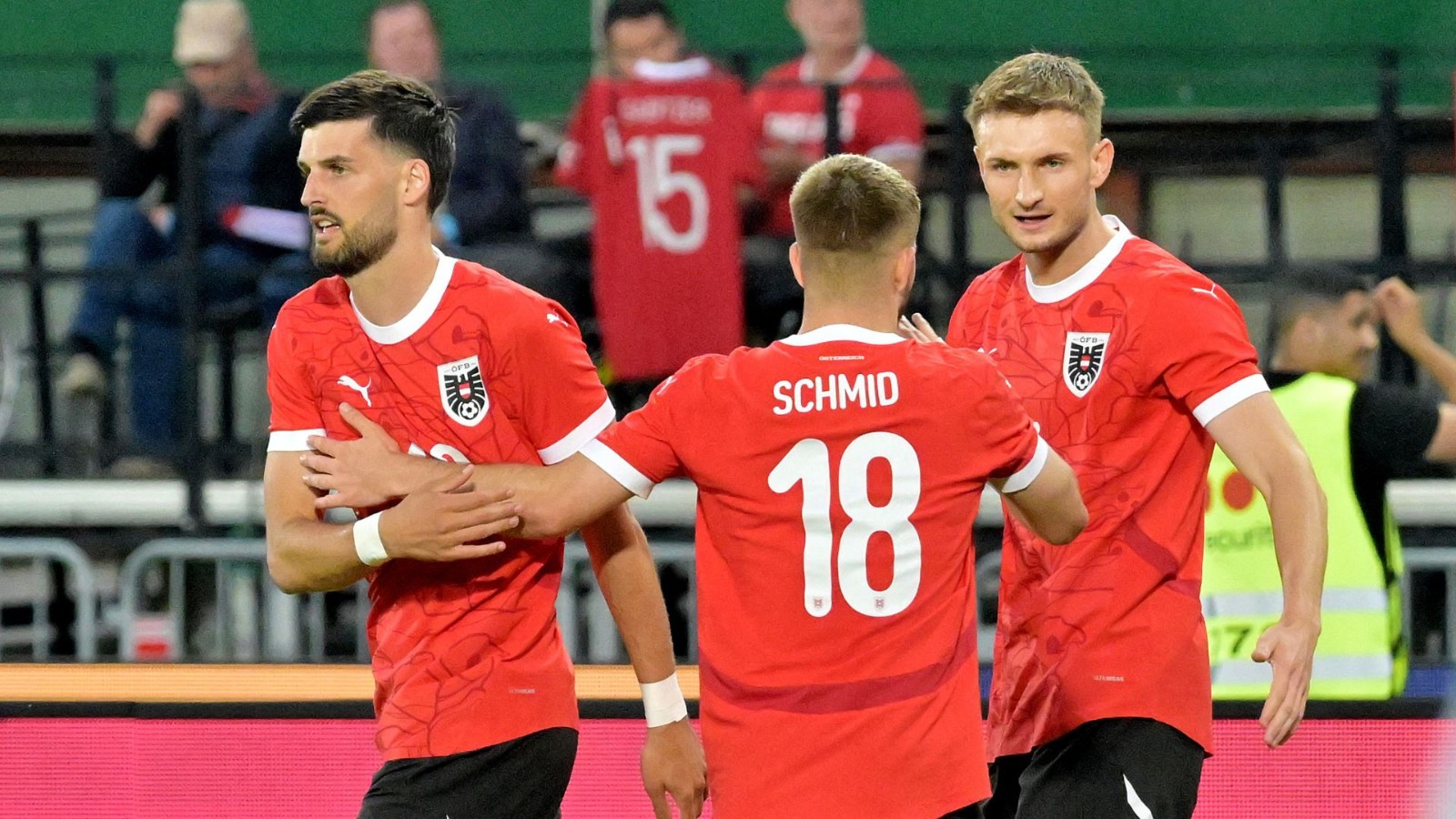 Austria's Christoph Baumgartner celebrates scoring against Serbia on Tuesday. /Elisabeth Mandl/Reuters