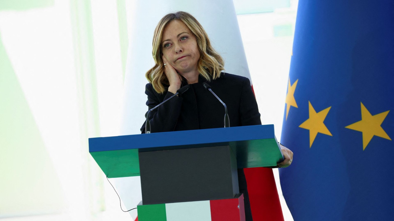 Italy's Prime Minister Giorgia Meloni looks on, as she visits the construction site of a migrant processing centre in Shengjin, Albania on Wednesday. /Florion Goga/Reuters