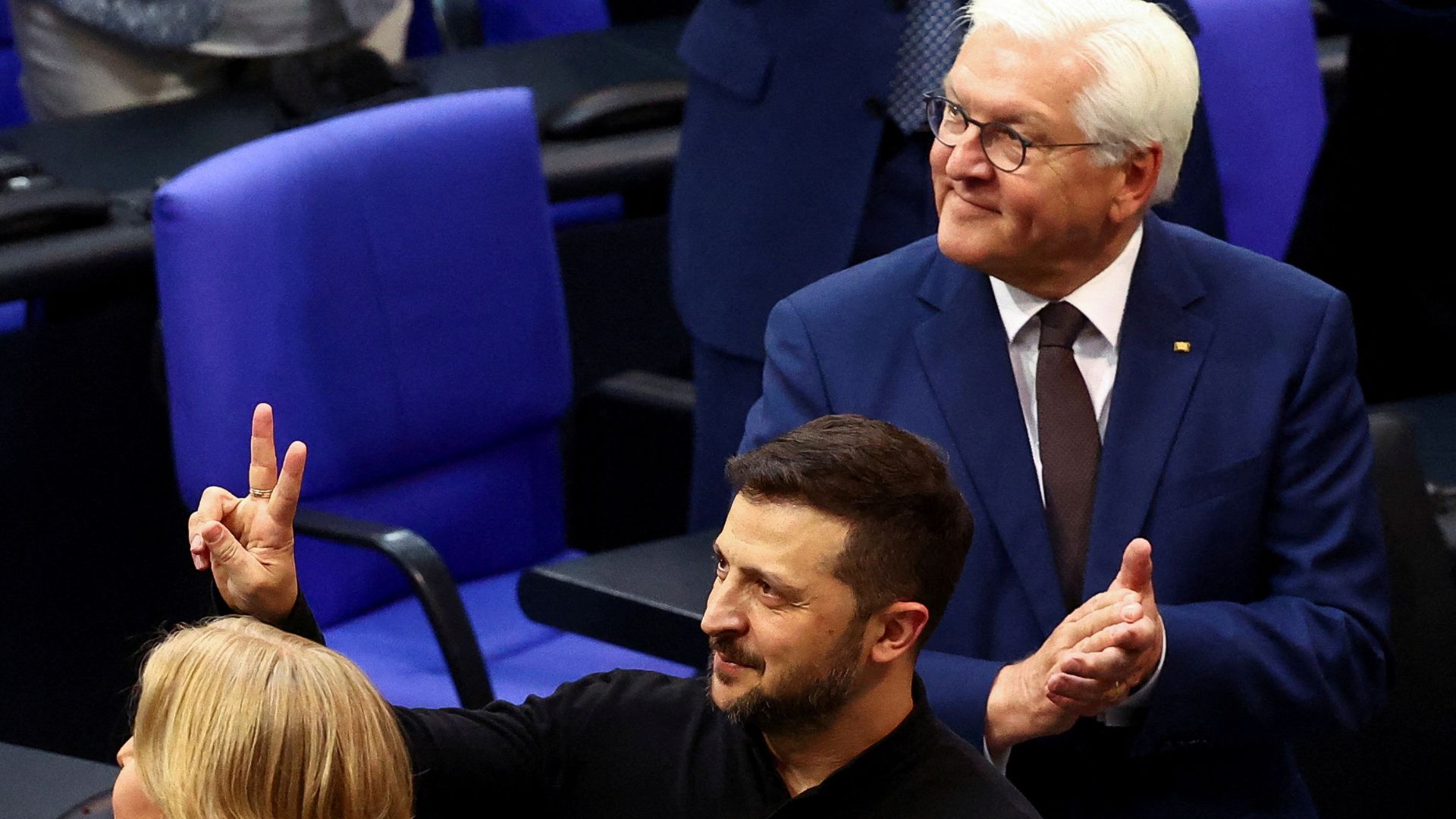 Zelenskyy gestures following his address to the lower house of parliament Bundestag in Berlin. /Lisi Niesner/Reuters
