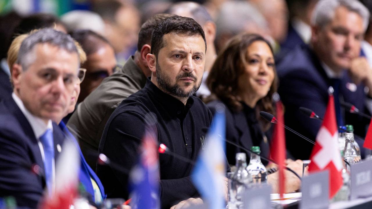 U.S. Vice President Kamala Harris, Ukrainian President Volodymyr Zelenskyy, Swiss Federal Councillor Ignazio Cassis and Chancellor of Austria Karl Nehammer during the summit's opening plenary session. /Michael Buholzer/Pool/Reters