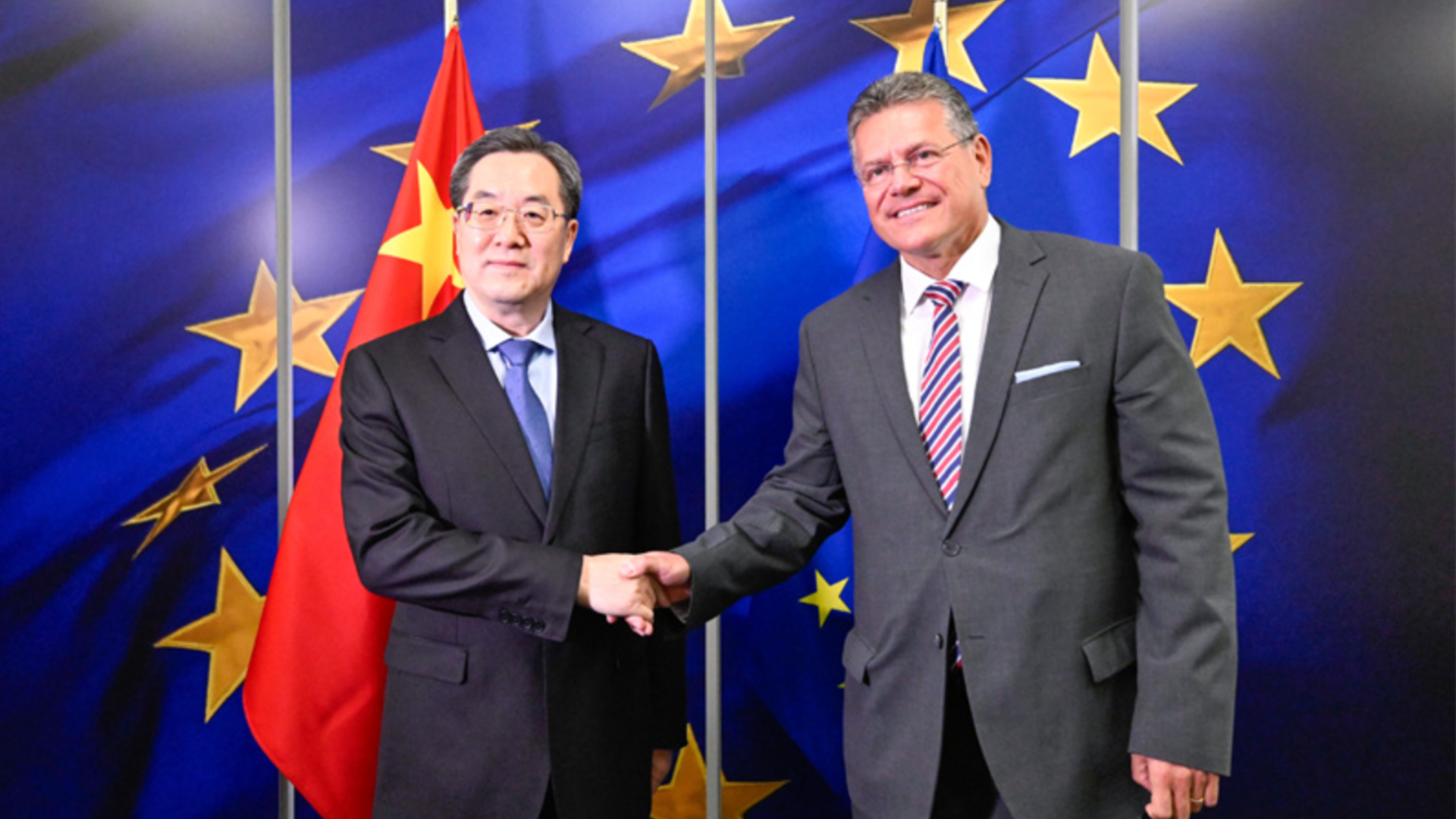 Chinese Vice Premier Ding Xuexiang, also a member of the Standing Committee of the Political Bureau of the Communist Party of China Central Committee, meets with Executive Vice President of the European Commission Maros Sefcovic in Brussels. /Xinhua