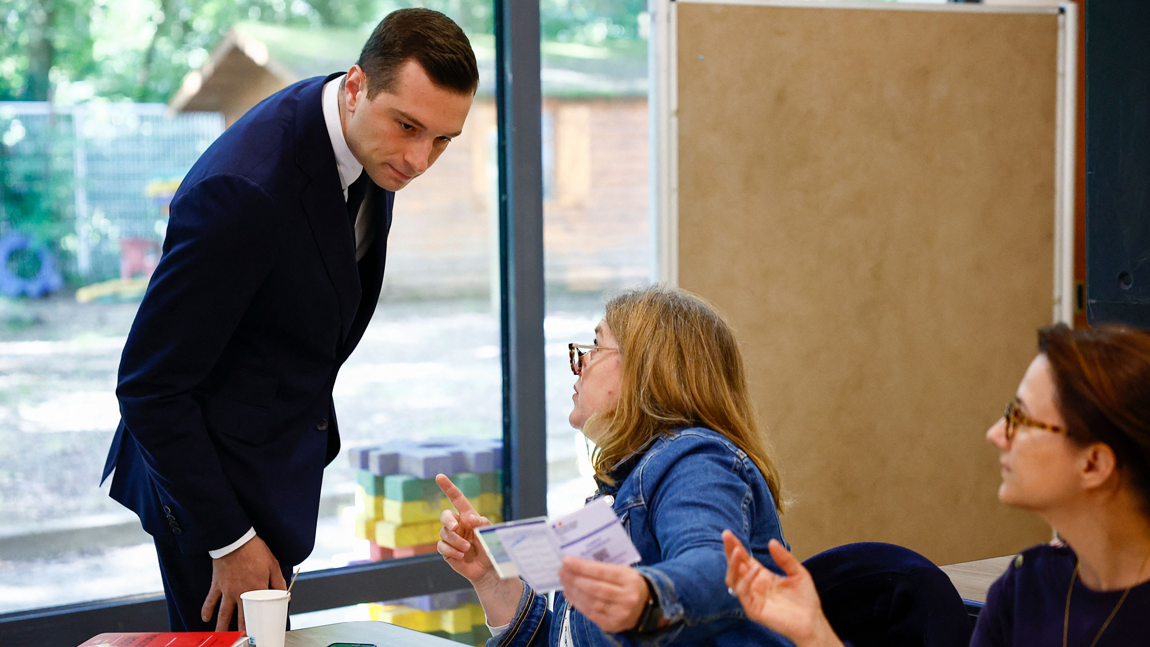 Jordan Bardella, President of the National Rally, casts his vote early on Sunday near Paris. Sarah Meyssonnier/Reuters