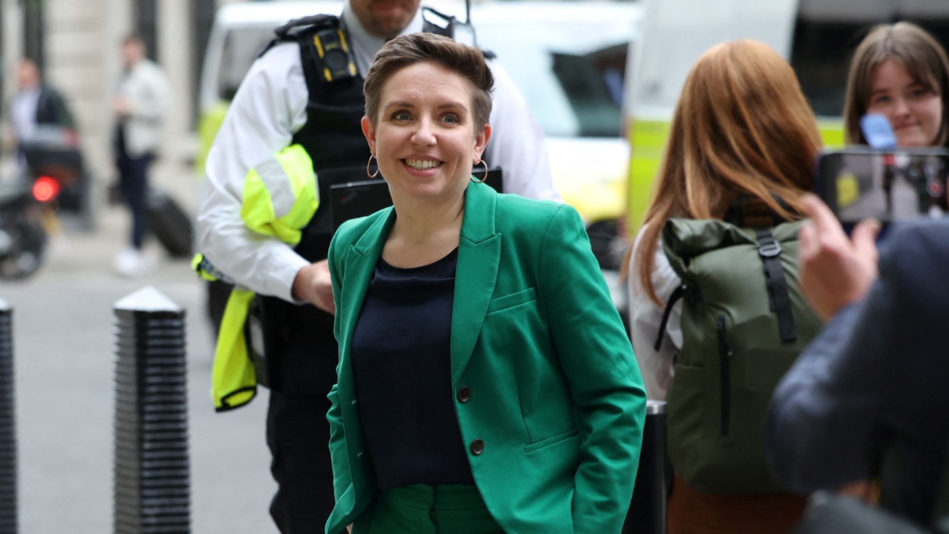 Green Party co-leader Carla Denyer arrives for a TV election debate – but eco concerns are often minimized. /Isabel Infantes/Reuters