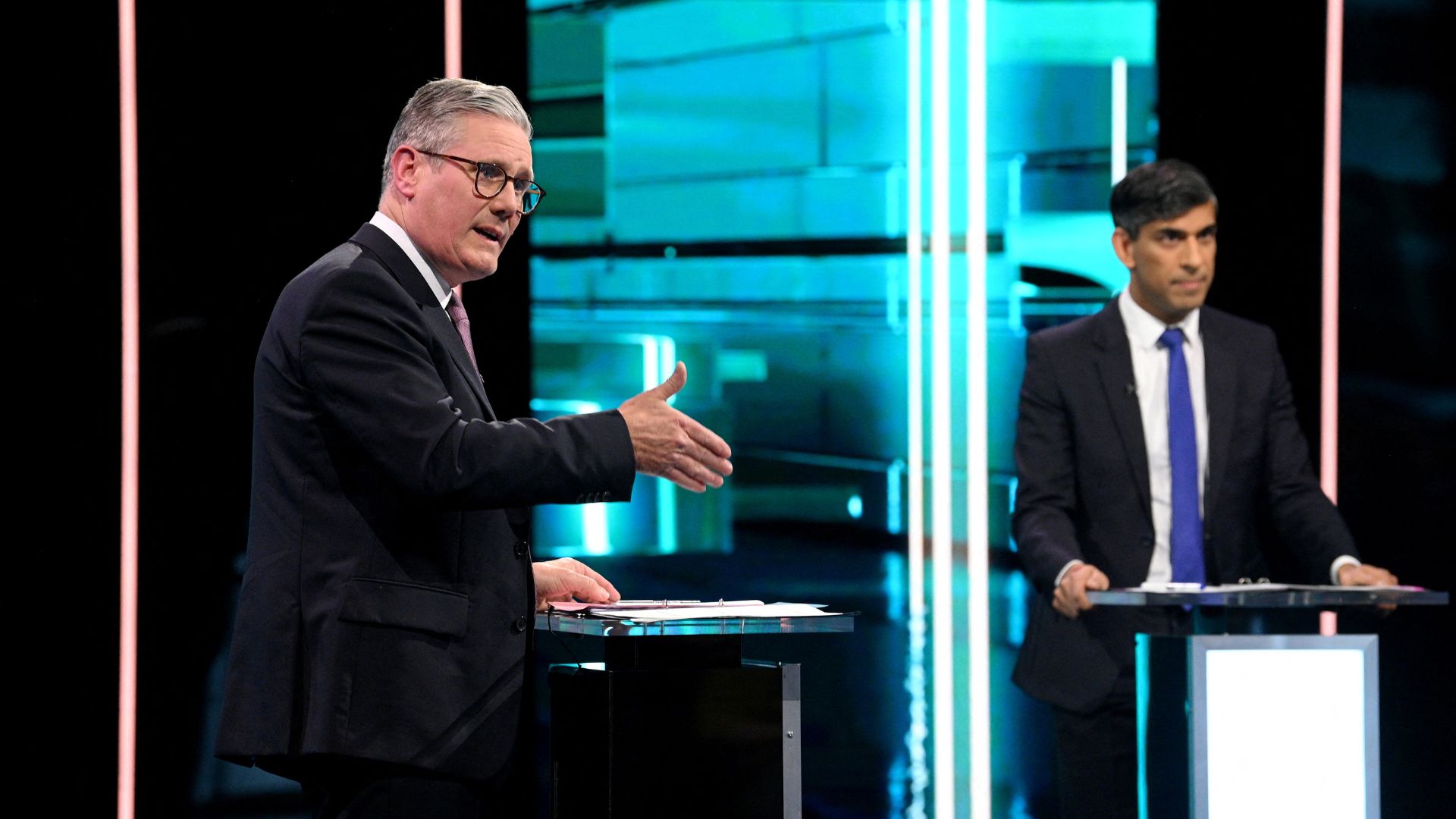 Britain's Labour Party leader Keir Starmer and Conservative Party counterpart Rishi Sunak, during a head-to-head TV debate. /Jonathan Hordle/ITV/Handout via Reuters