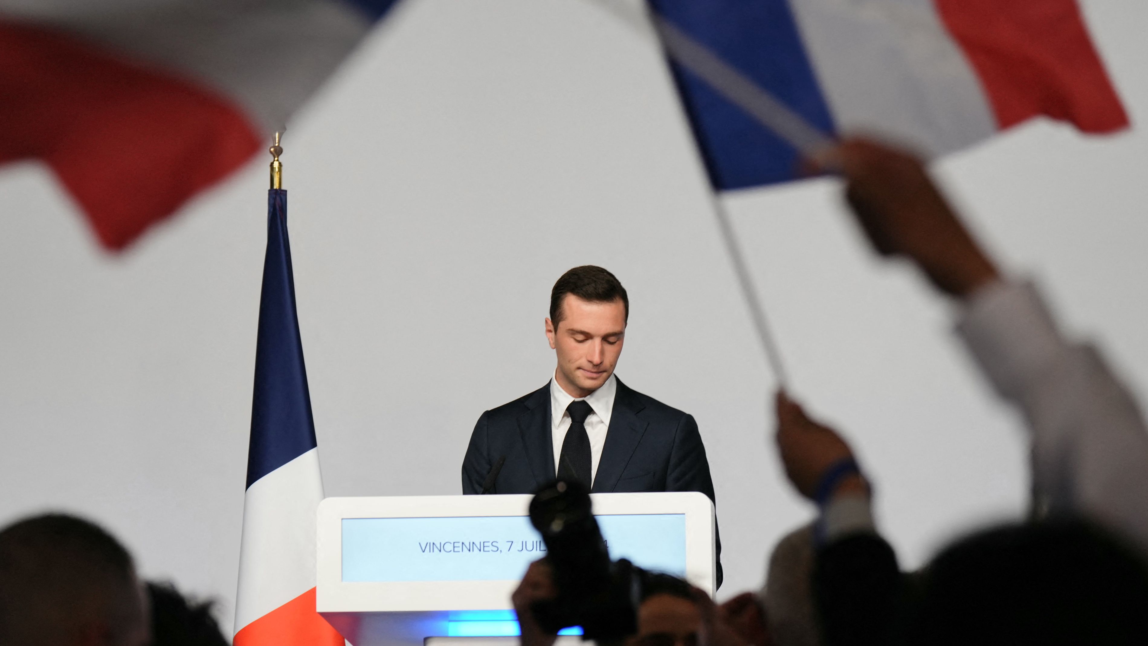 National Rally president Jordan Bardella reflects on the election results in Paris./ Dimitar Dilkoff/AFP