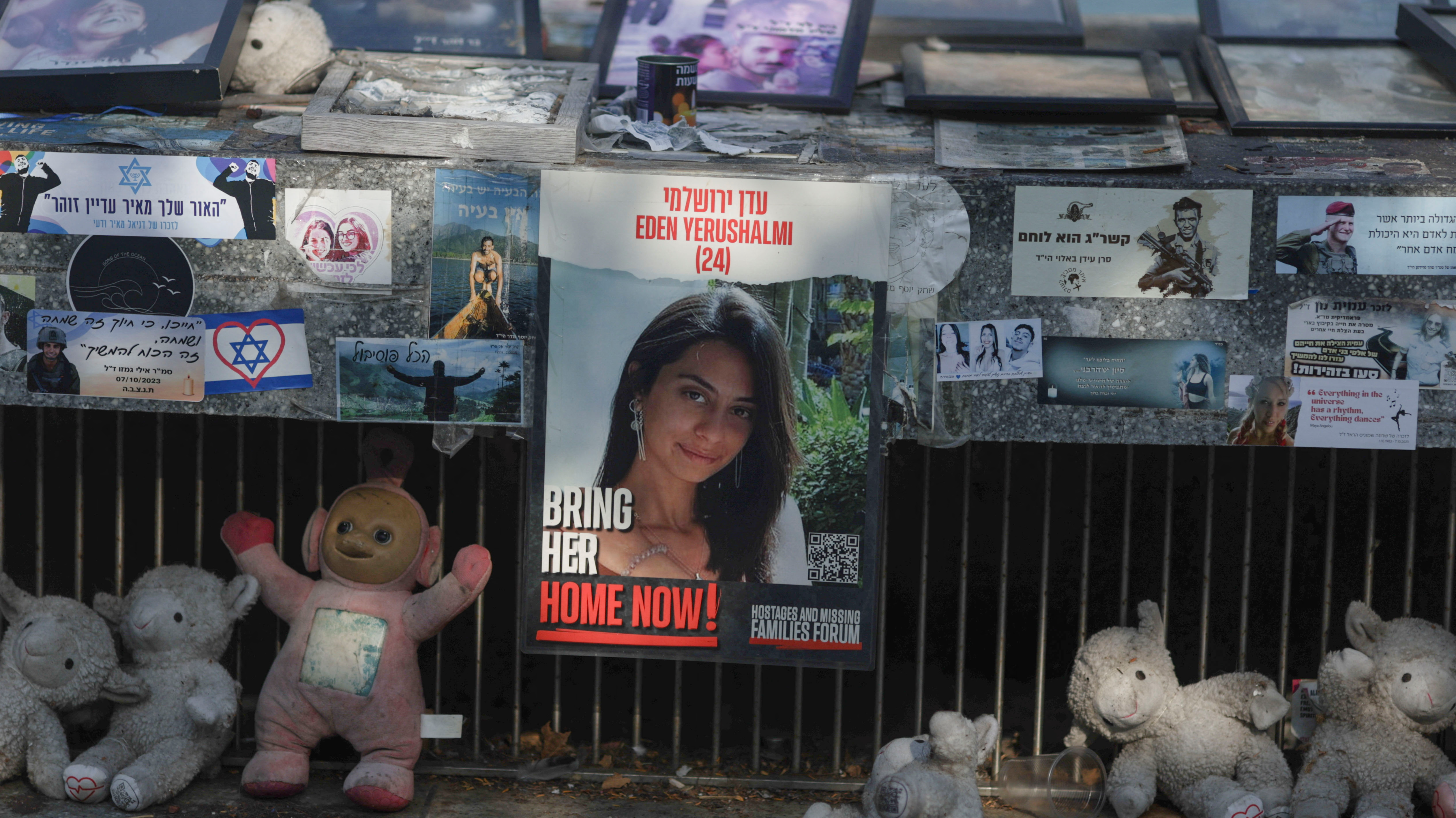 Posters in support of hostages kidnapped during the October 7 attack on Israel by Hamas, are pictured in Tel Aviv. /Ricardo Moraes/Reuters