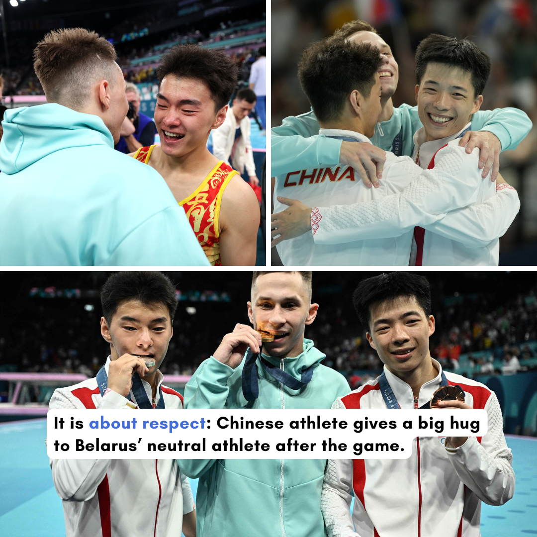 Touching moments of celebrating together with Belarus' Ivan Litvinovich, China's Wang Zisai and Yan Langyu. /CFP Photo