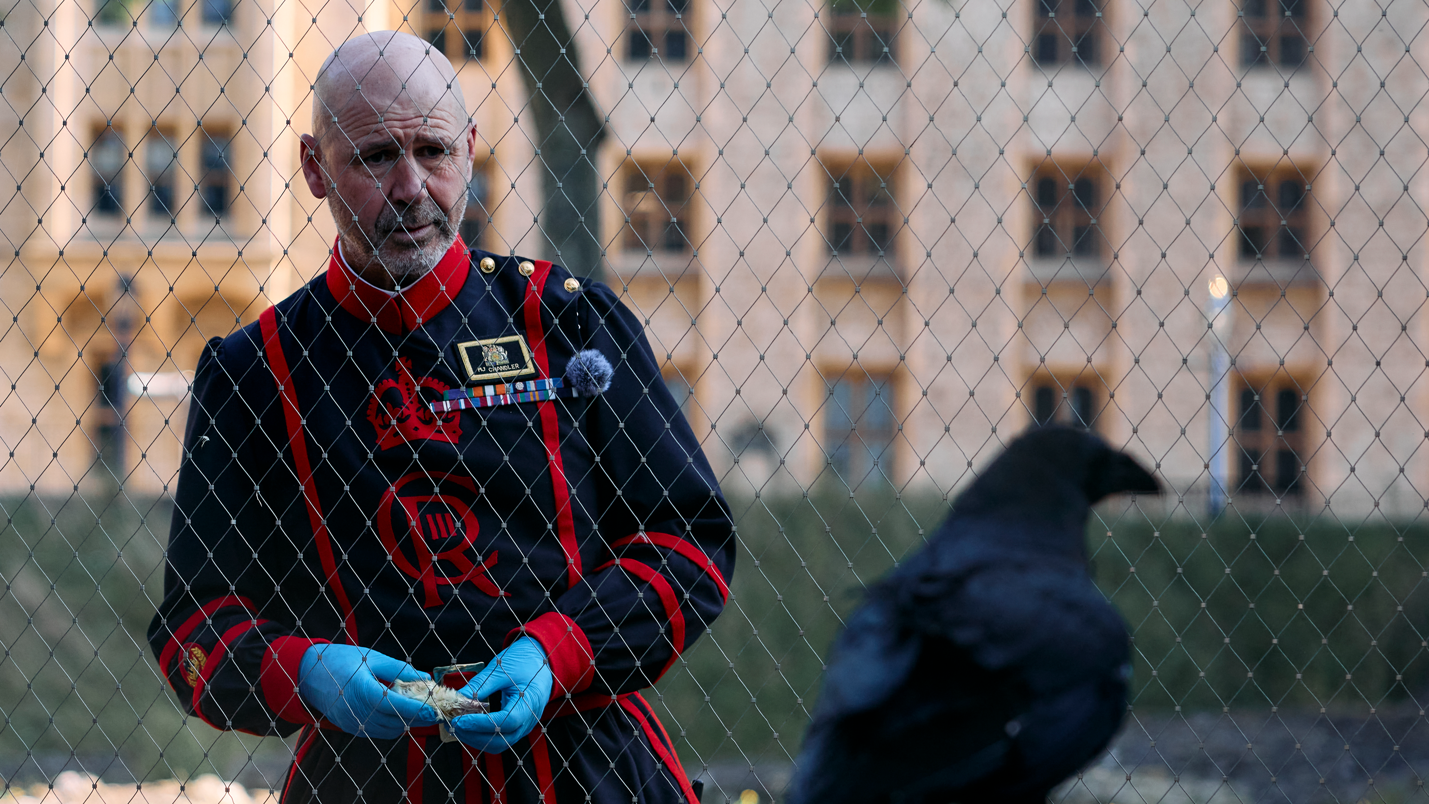 Tower of London's new Ravenmaster Yeoman Warder Barney Chandler prepares to feed the tower's ravens. /Benjamin Cremel/AFP