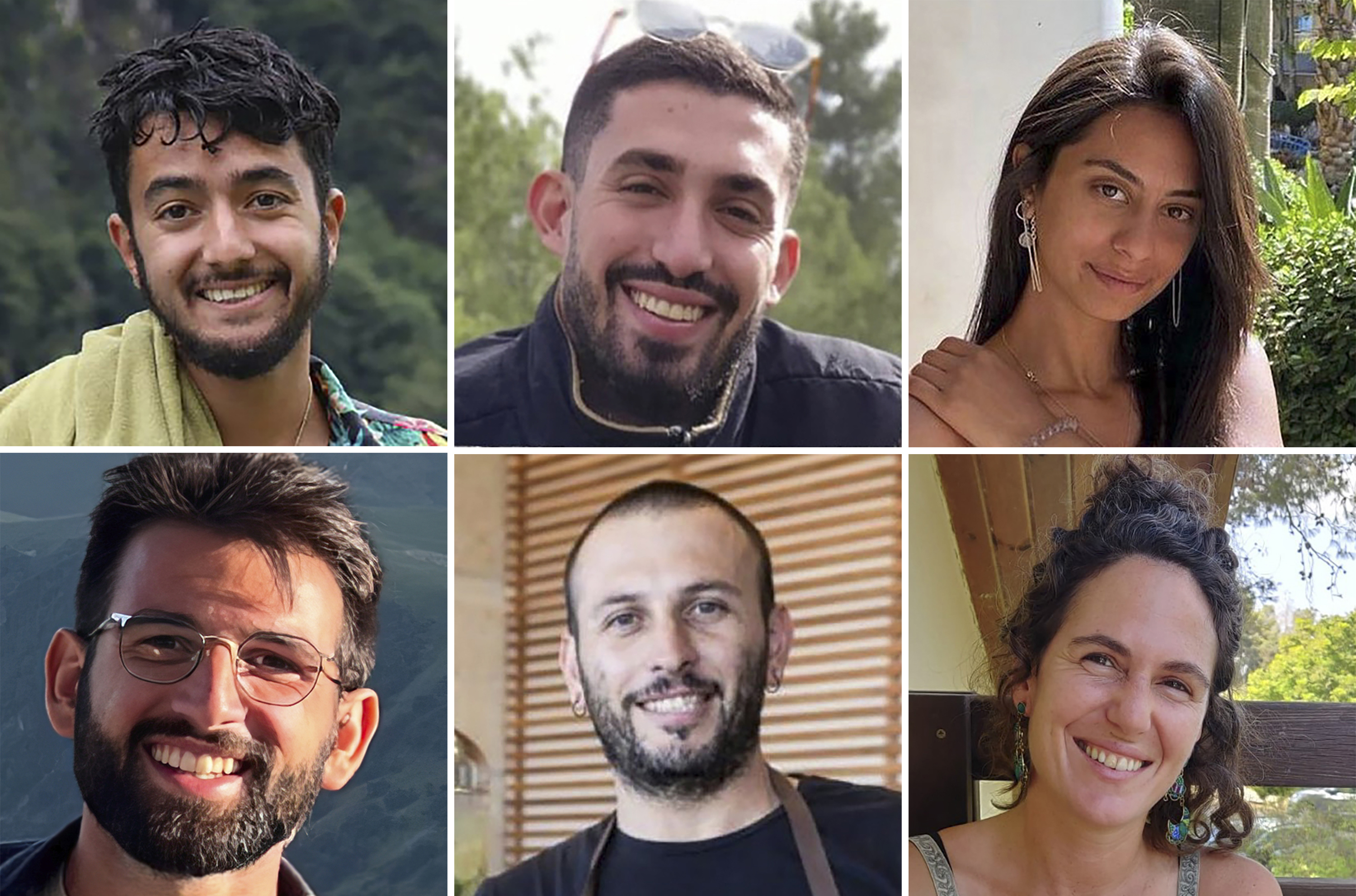 The six hostages from top left, Hersh Goldberg-Polin, Ori Danino, Eden Yerushalmi, from bottom left, Almog Sarusi, Alexander Lobanov, and Carmel Gat. /The Hostages Families Forum/AP