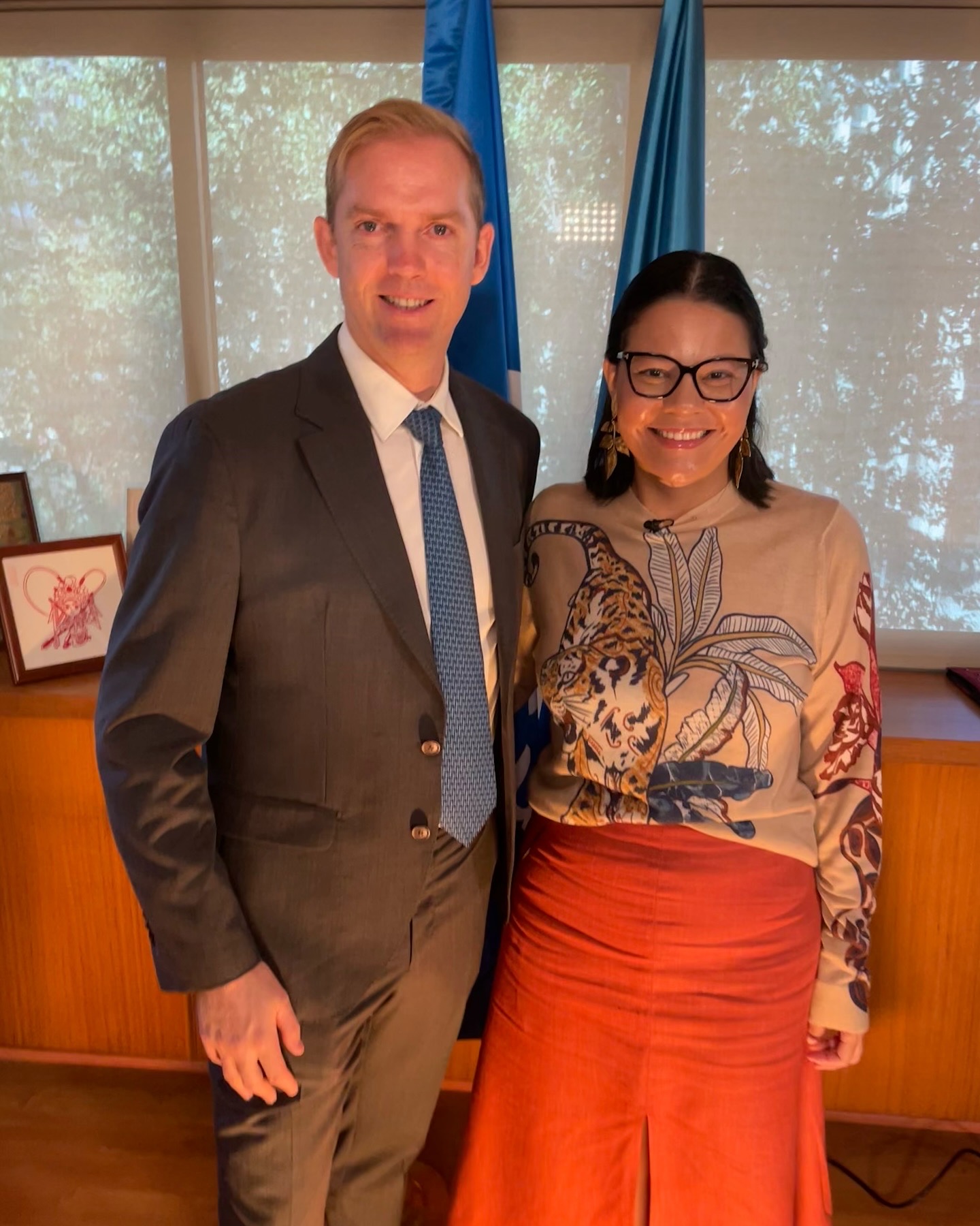 CGTN reporter Ken Browne with UN Tourism chief Natalia Bayona. /CGTN