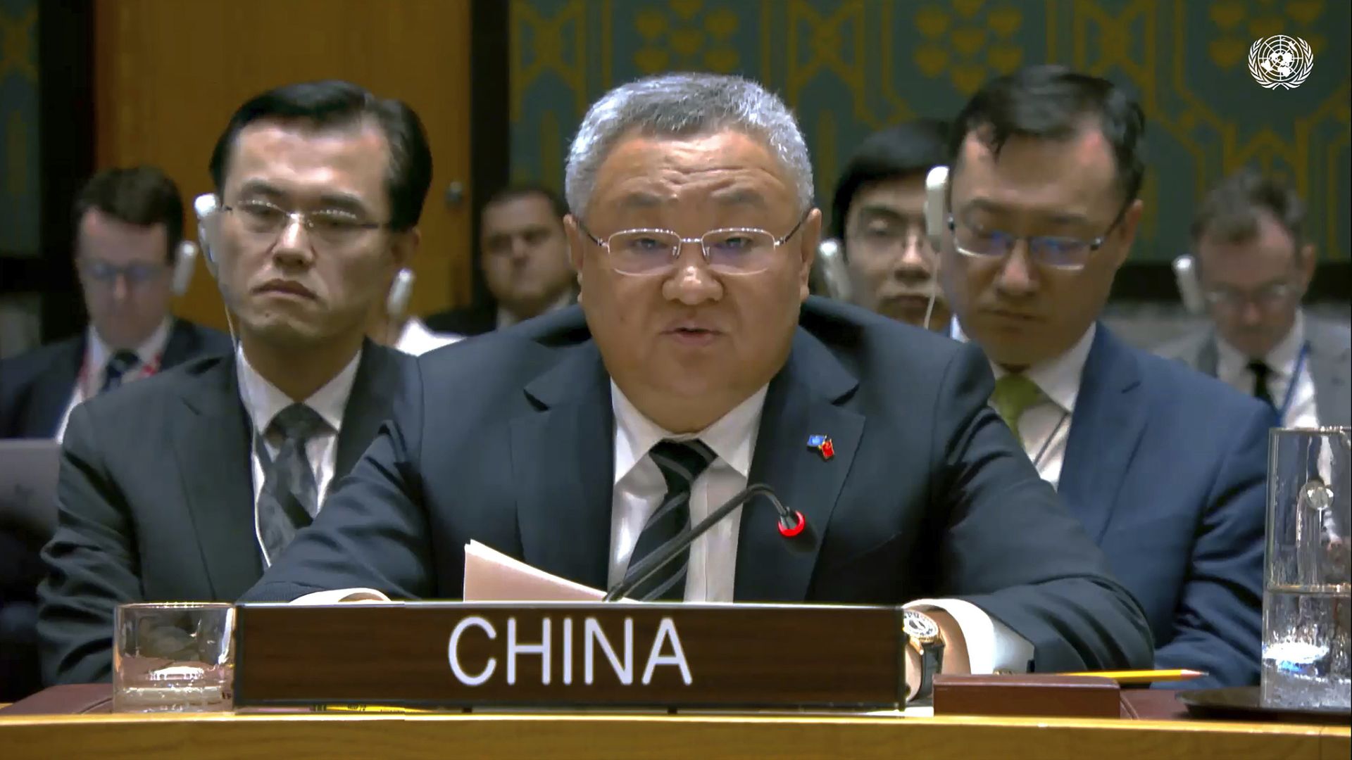 China Ambassador Fu Cong during Wednesday's meeting of the United Nations Security Council. /UNTV 
