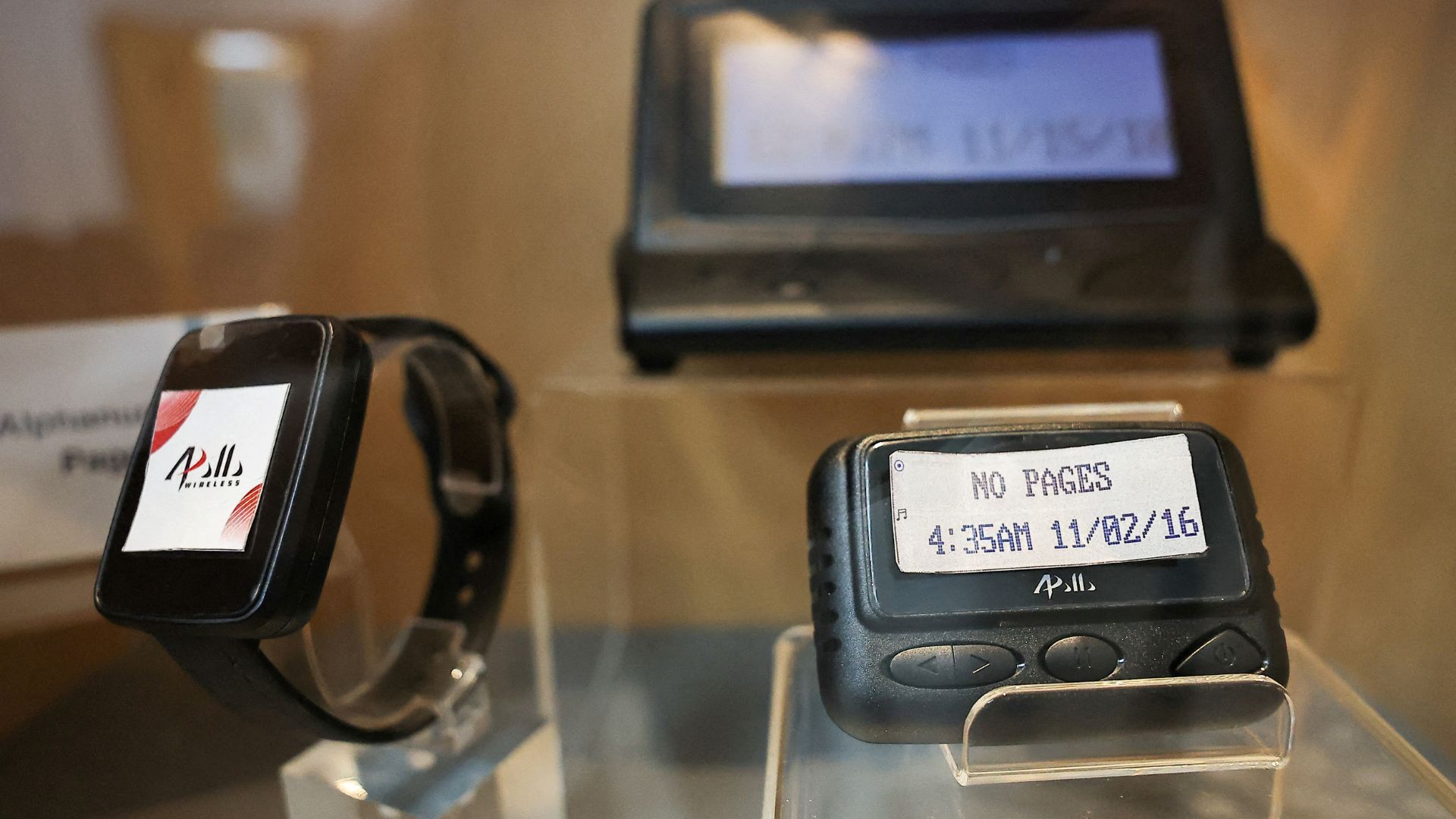 Pagers on display at a meeting room at the Gold Apollo company building in New Taipei City. /Ann Wang/Reuters