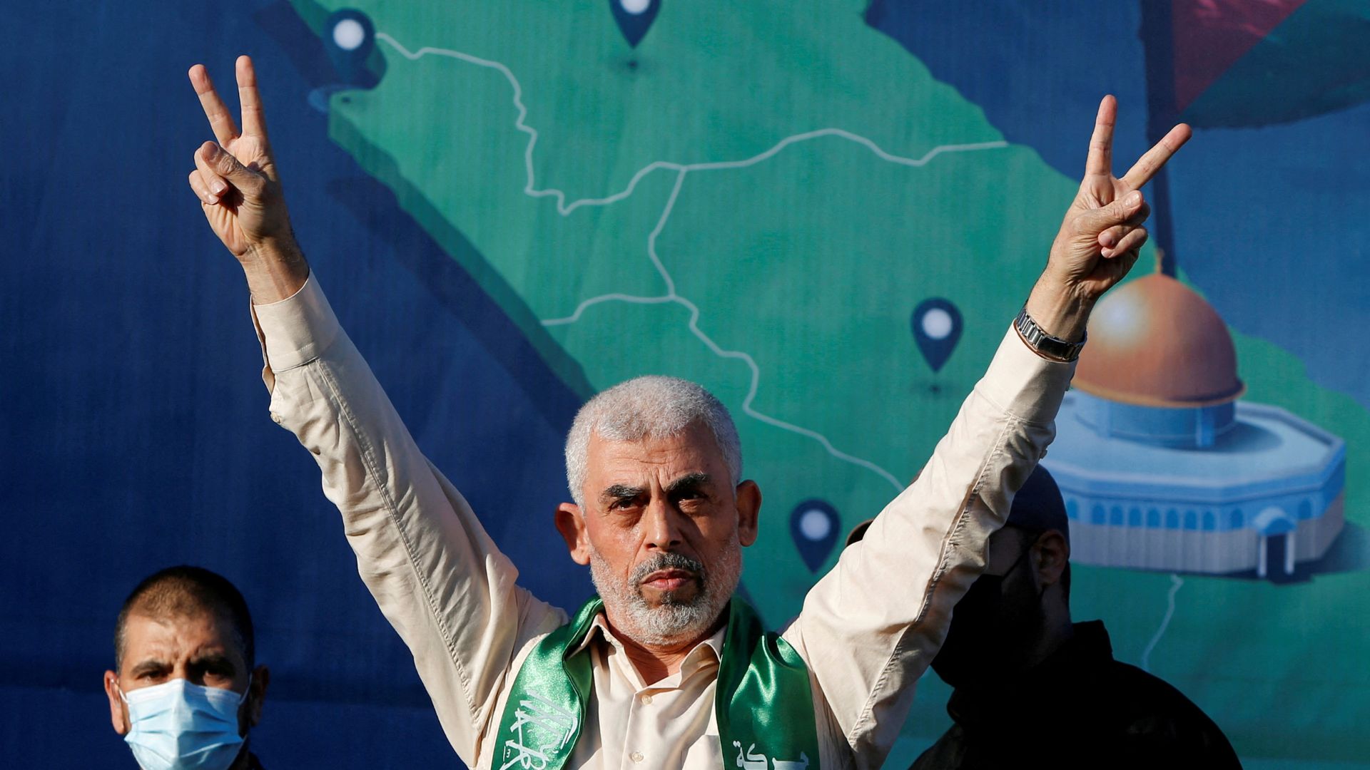 Sinwar gestures during an anti-Israel rally in Gaza City in May 2021. /Mohammed Salem/Reuters