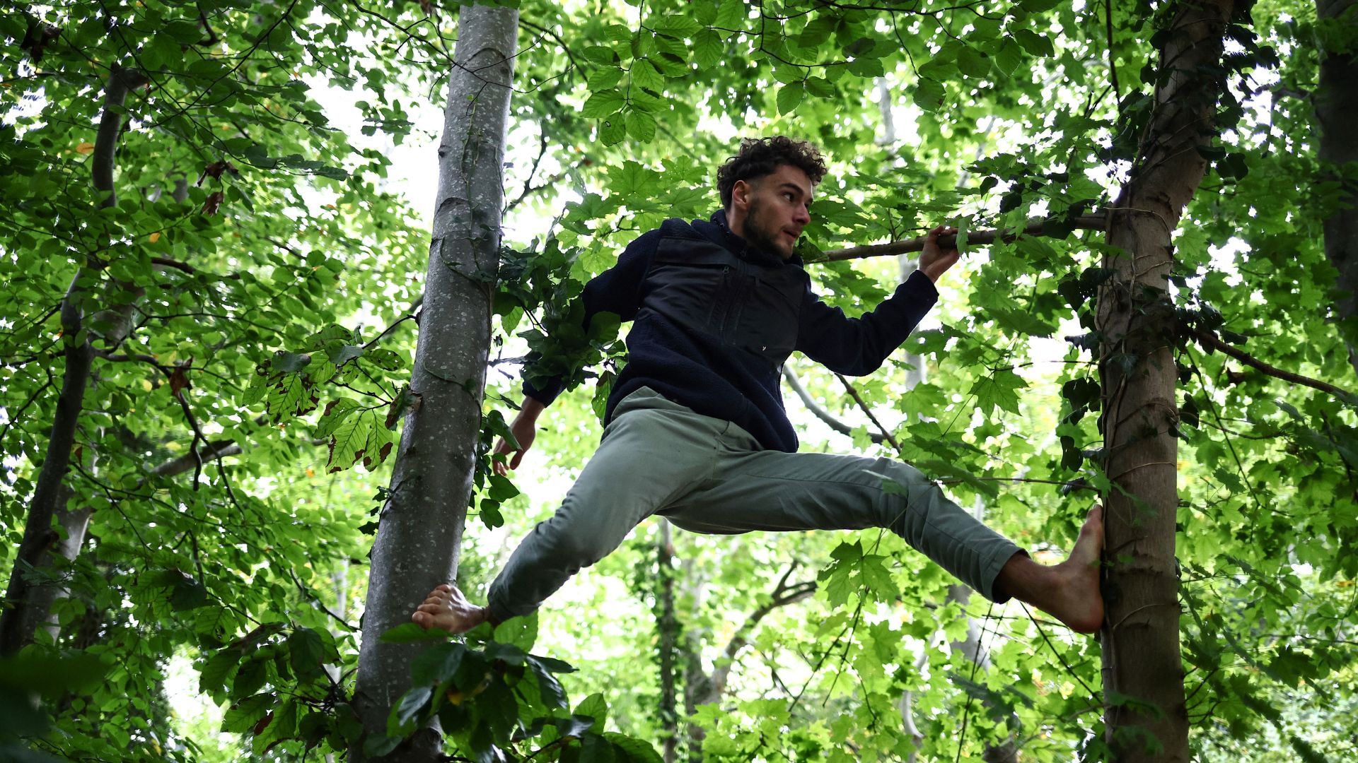 French urban climber Titouan Leduc exercises by climbing the trees, in the forest of Meudon. /Anne-Christine Poujoulat/AFP
