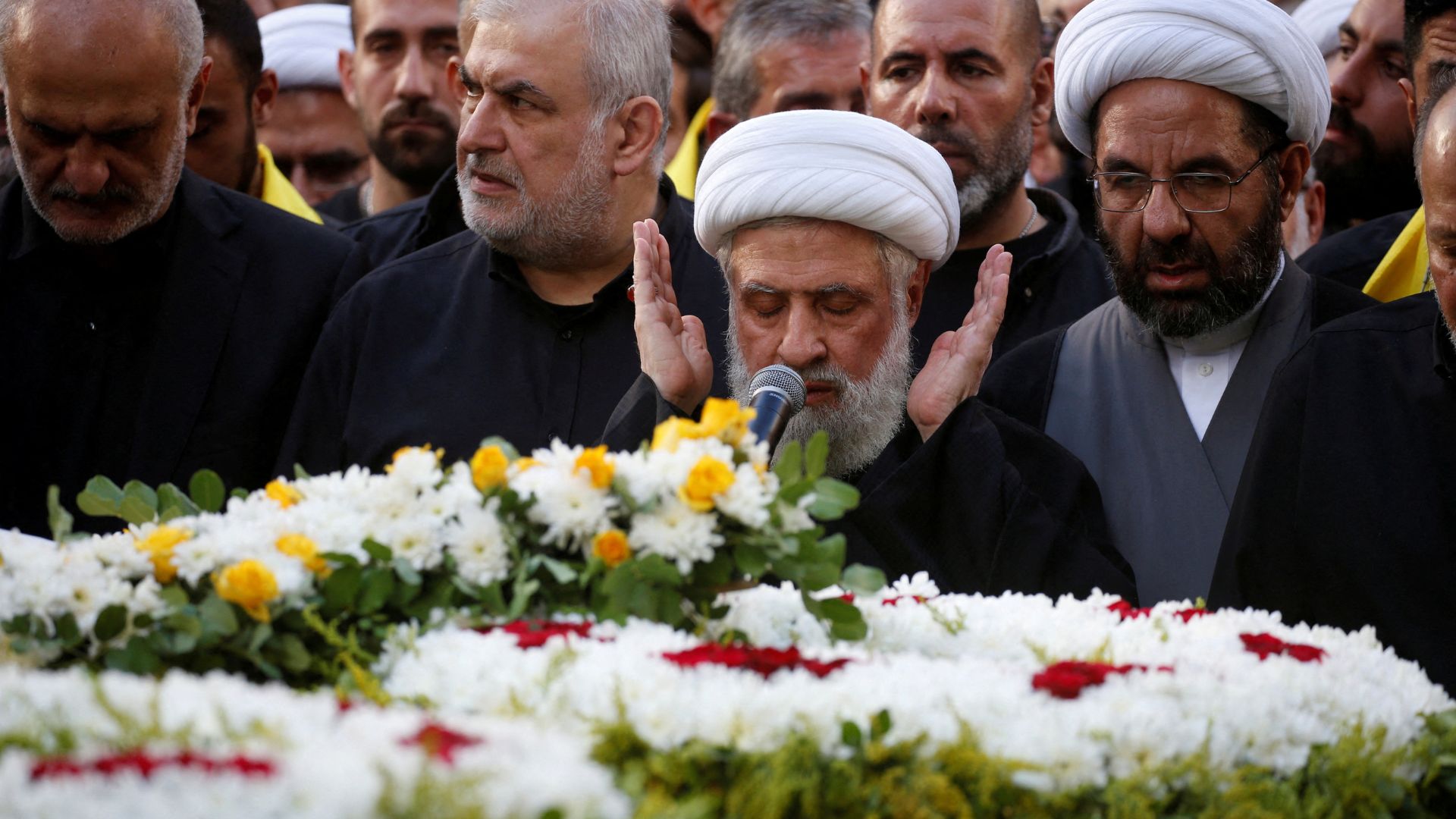 New Hezbollah leader Sheikh Naim Qassem leads funeral prayers during the funeral of a Hezbollah senior leader in Beirut in September. /Amr Abdallah Dalsh/Reuters
