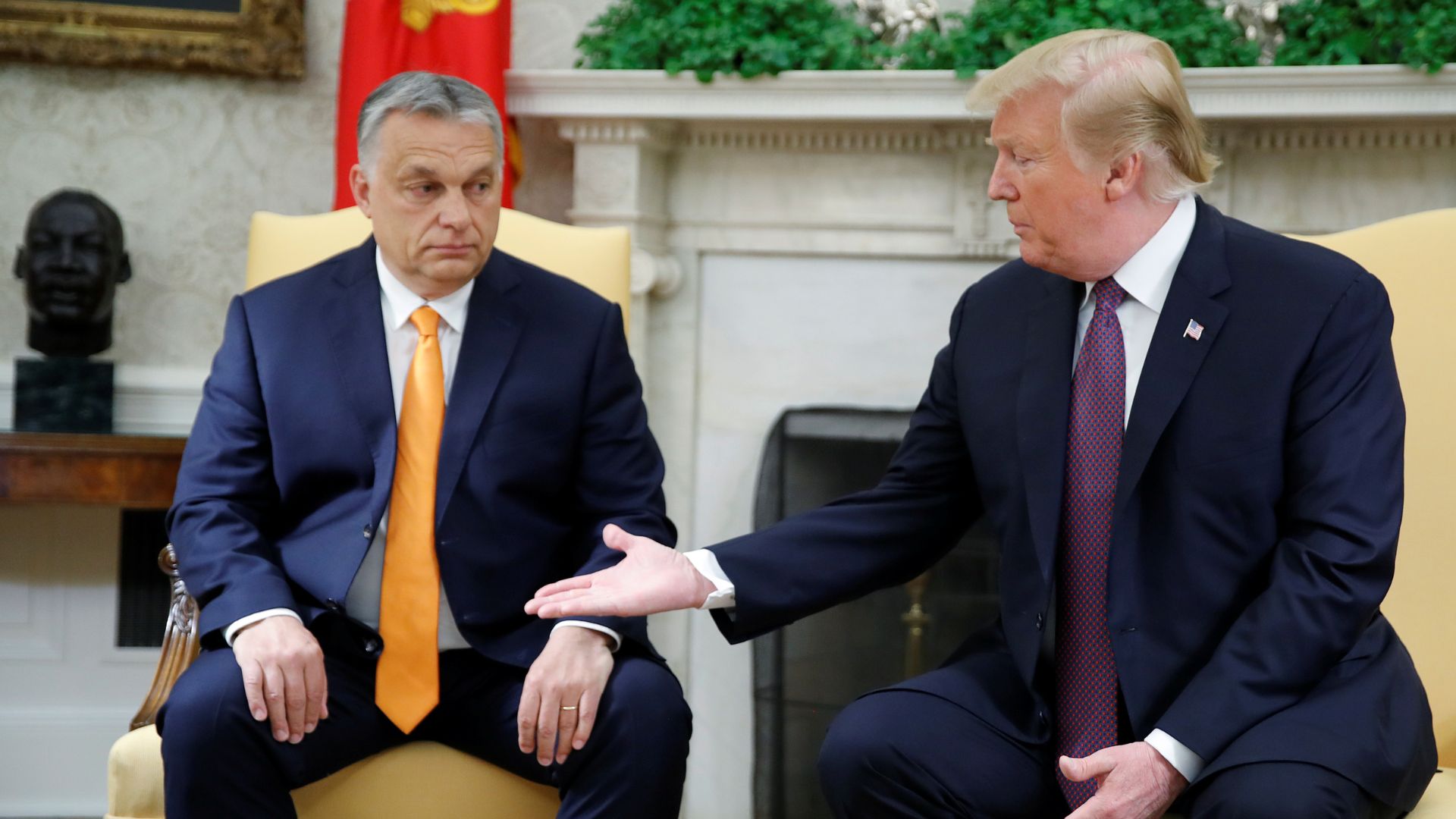 Trump (right, with Orban) goes up against Kamala Harris in Tuesday's U.S. election. /Carlos Barria/Reuters