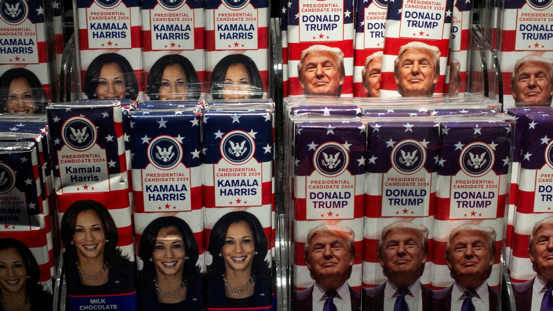 Chocolate bars featuring the presidential nominees at John F. Kennedy International Airport in New York. /Eloisa Lopez/Reuters