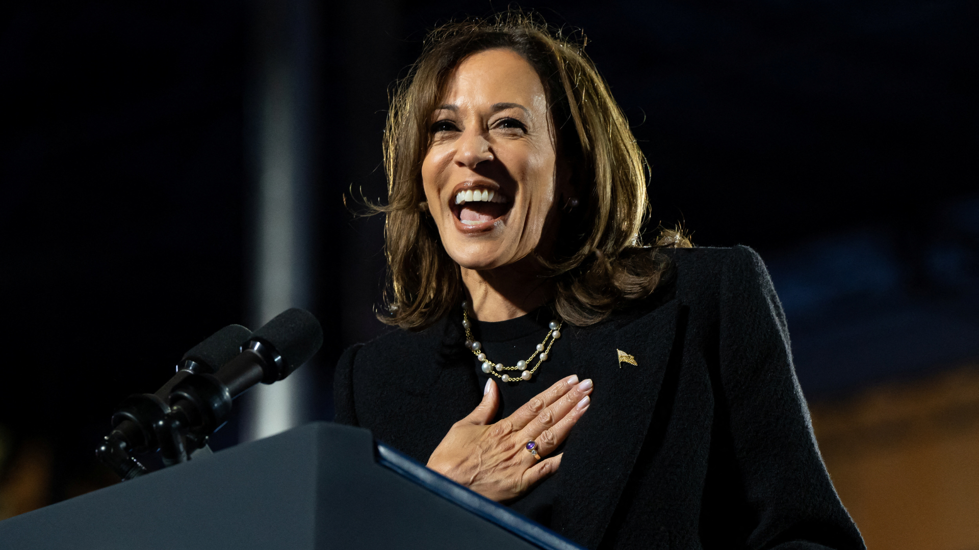 Democratic presidential nominee and U.S. Vice President Kamala Harris reacts during a campaign rally at Carrie Blast Furnaces National Historic Landmark, in Pittsburgh, Pennsylvania. /Reuters