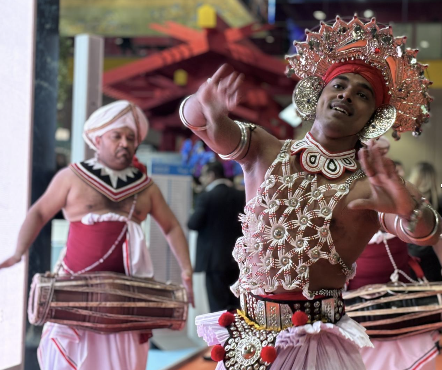 Kandyan dance, Sri Lanka's national dance, is performed at the Sri Lankan Pavilion during the 2024 World Travel Market in London. /CGTN