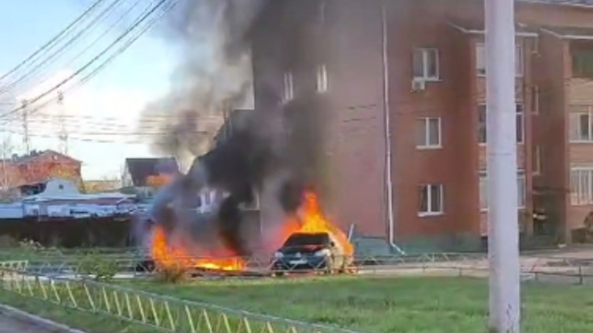 Videos from local social media showed burning cars, a rooftop on fire, and a private house damaged by the drones. /Screengrab from a verified social media video. 