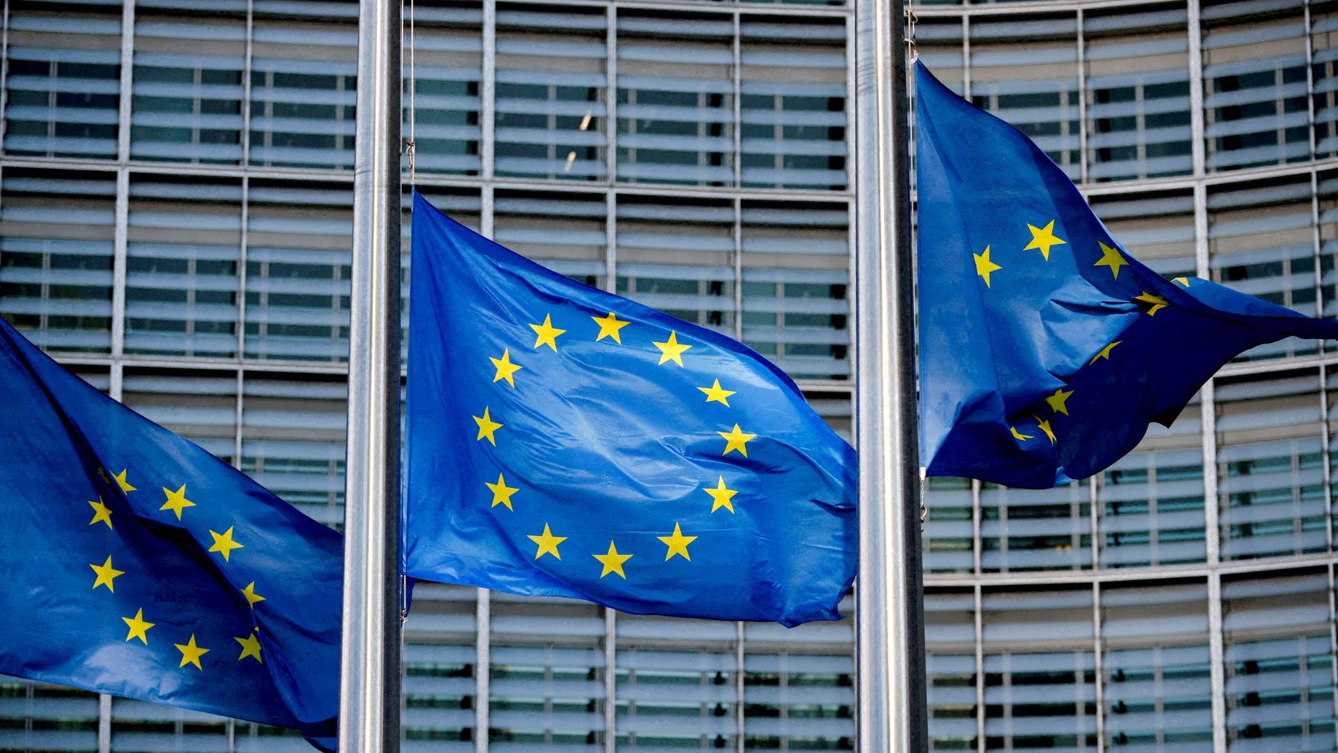 European Union flags fly outside the European Commission headquarters in Brussels. /Johanna Geron/File/Reuters