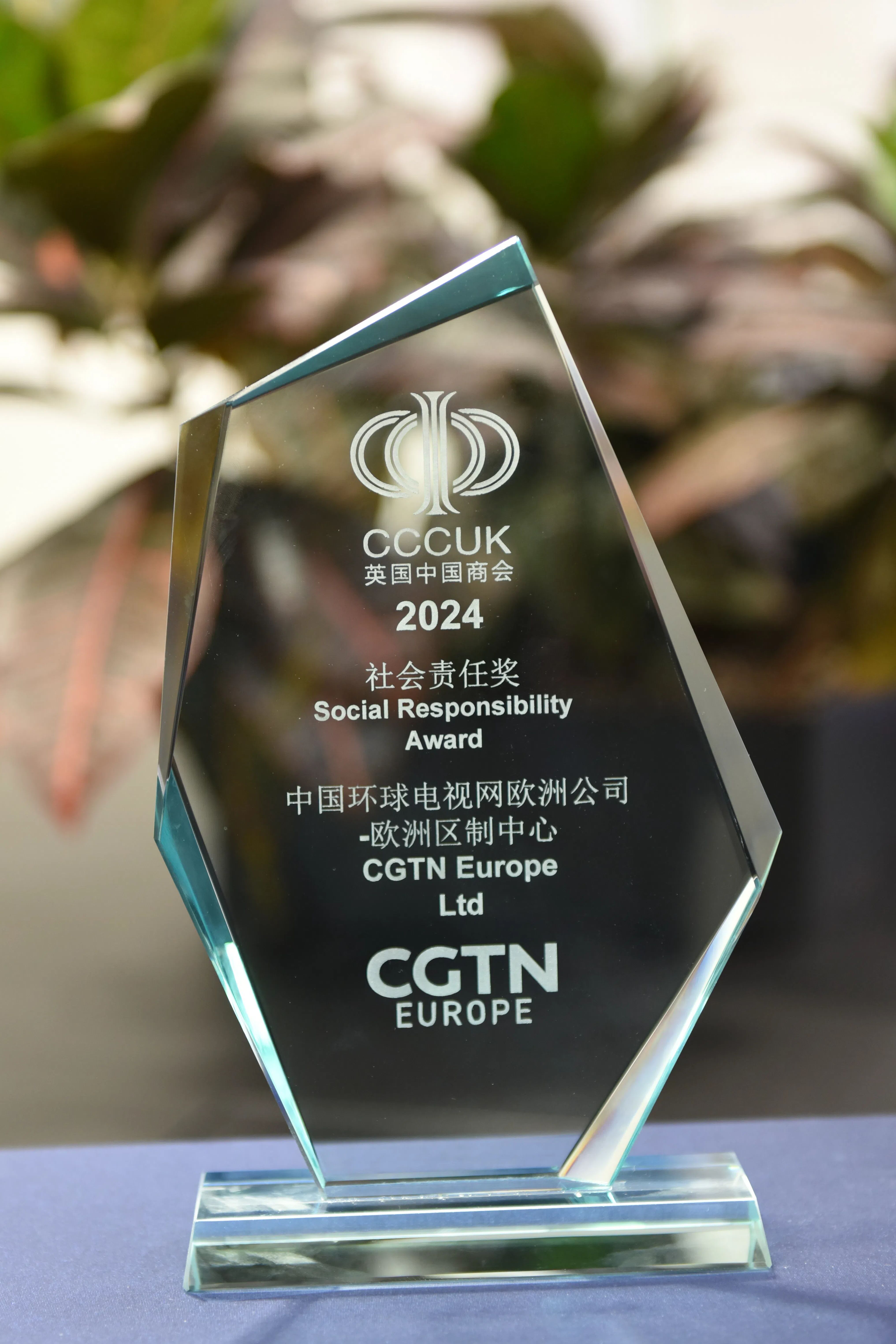 The trophy of the CCCUK award. /CGTN Photo