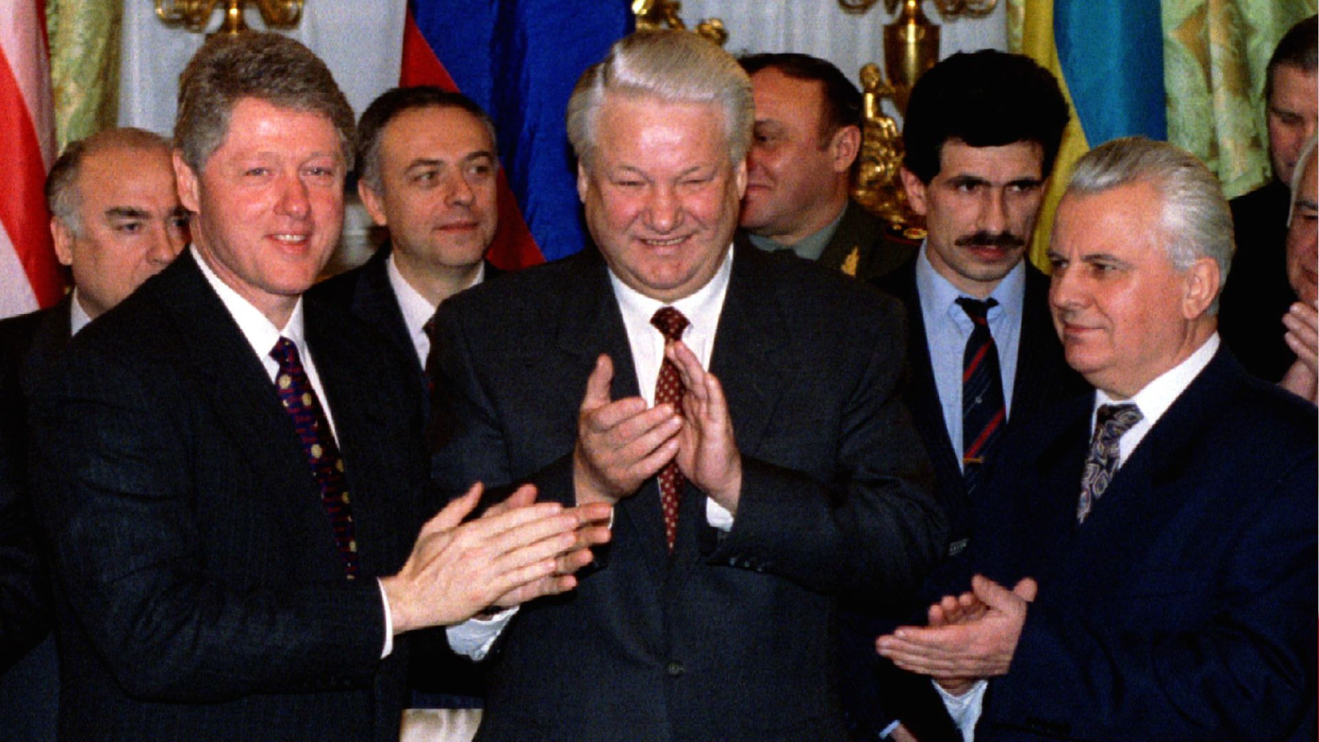 U.S. President Bill Clinton, Russian President Boris Yeltsin and Ukrainian President Leonid Kravchuk after signing the historic Trilateral Agreement in Moscow in January 1994. /Rick Wilking/Reuters
