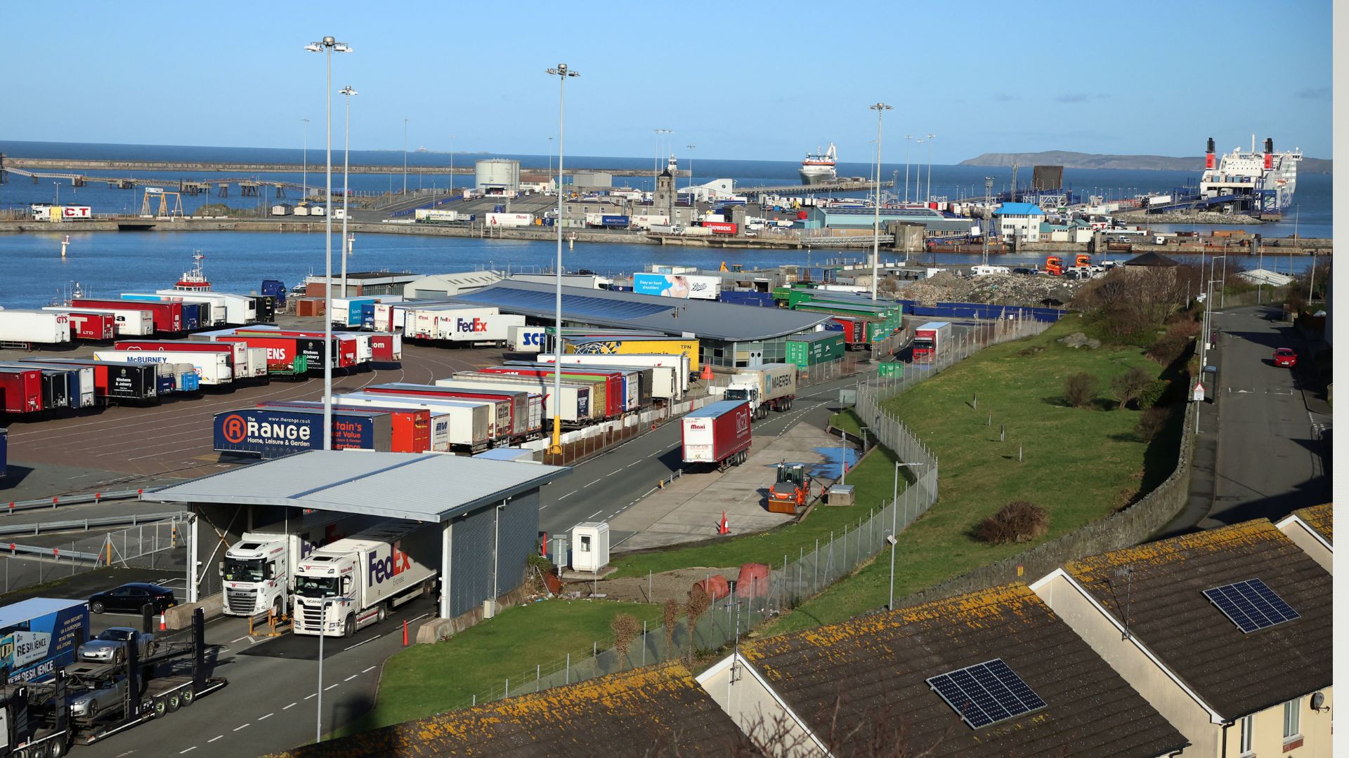 Lorries disembark from a Stena Line ferry recently arrived from Dublin at the Port of Holyhead in Holyhead last January. /Phil Noble/Reuters
