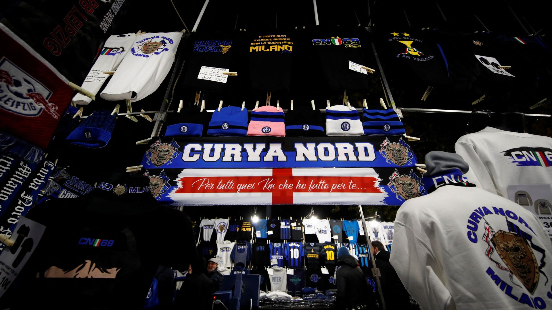 Inter Milan ultras merchandise is displayed on a stand outside San Siro. /Alessandro Garofalo/Reuters
