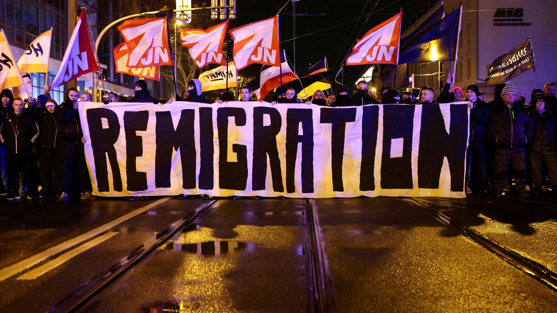 Far-right demonstrators take part in a protest in Magdeburg, Germany. /Christian Mang/Reuters