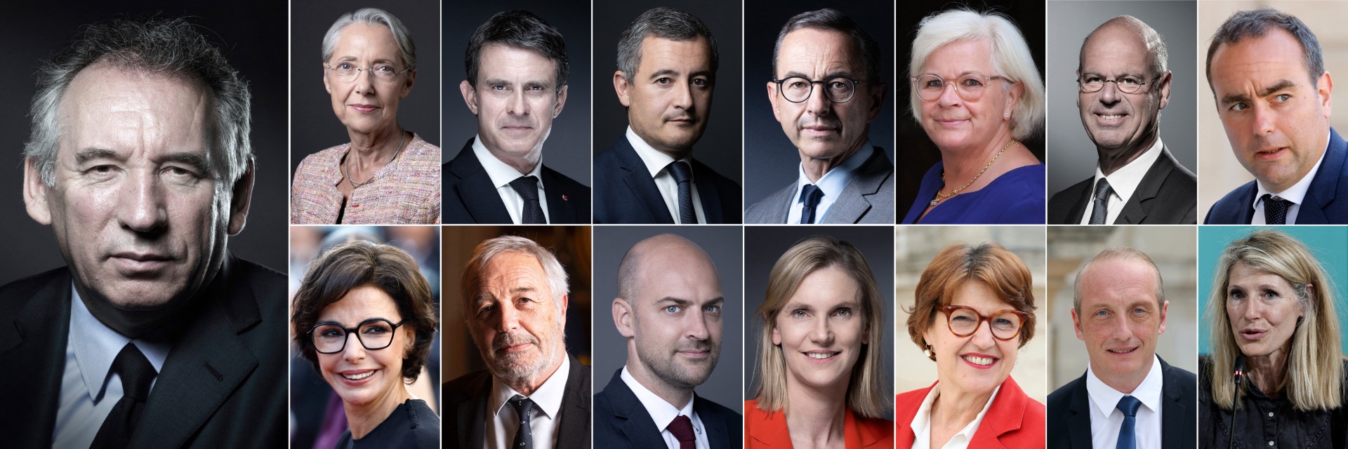 The new cabinet under PM Bayrou (L): (Top row from left) Elisabeth Borne, Manuel Valls, Gerald Darmanin, Bruno Retailleau, Catherine Vautrin, Eric Lombard, Sebastien Lecornu; (Bottom row from left) Rachida Dati, Francois Rebsamen, Jean-Noel Barrot, Agnes Pannier-Runacher, Annie Genevard, Laurent Marcangeli, Marie Barsacq. /AFP