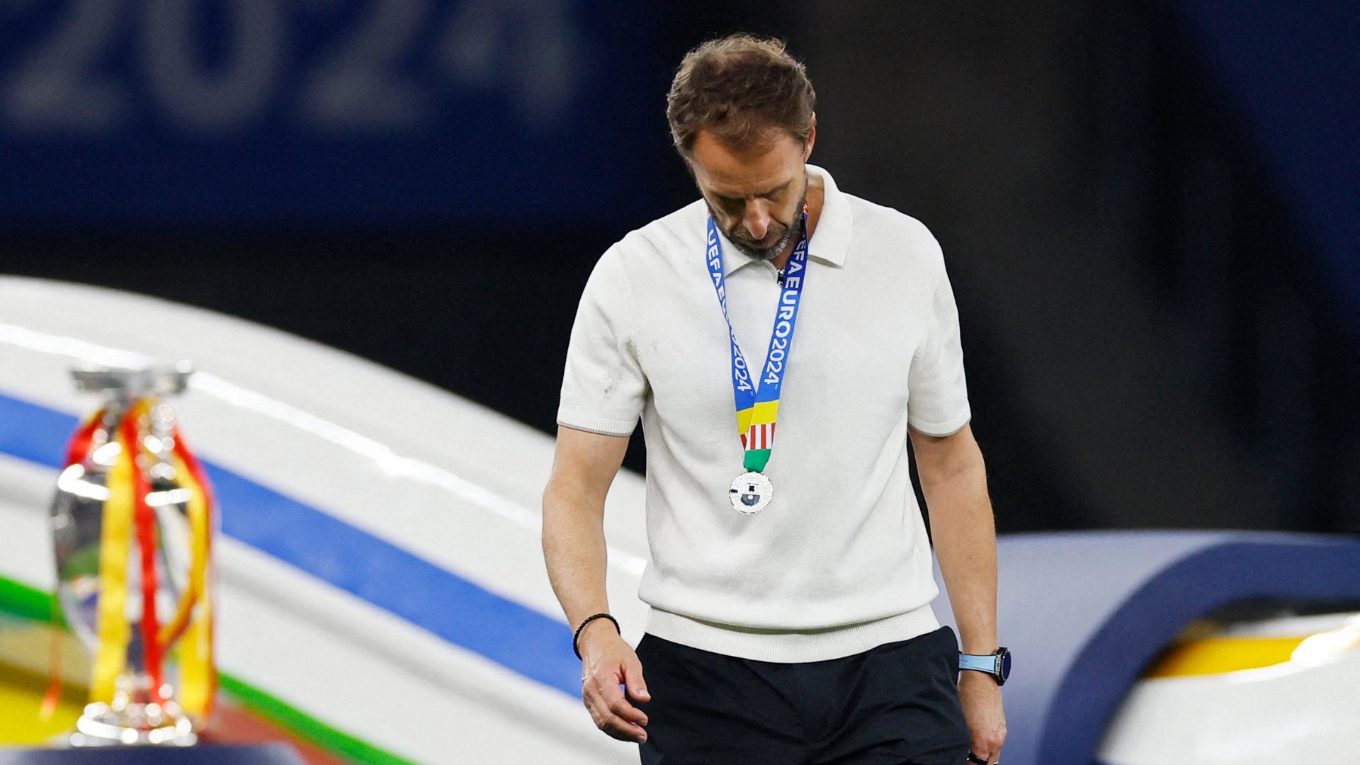 Former England boss Southgate has his head down following the Euro 2024 final in Berlin. /Wolfgang Rattay/Reuters