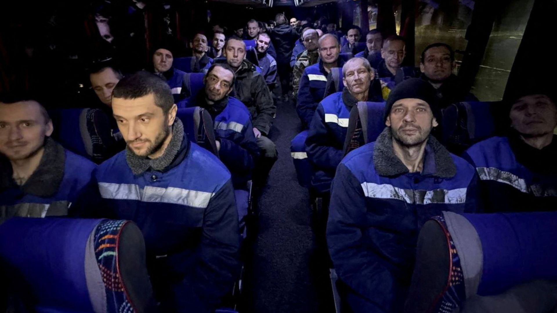 Ukrainian prisoners of war on a bus after the swap. /Volodymyr Zelenskyy/Telegram via Reuters
