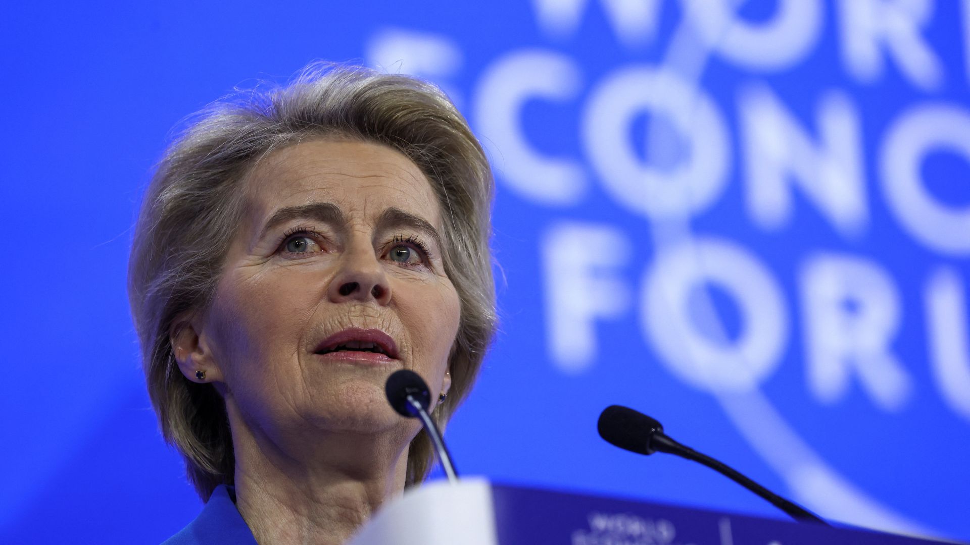 European Commission President Ursula von der Leyen speaks at Davos on January 21. /Yves Herman/Reuters
