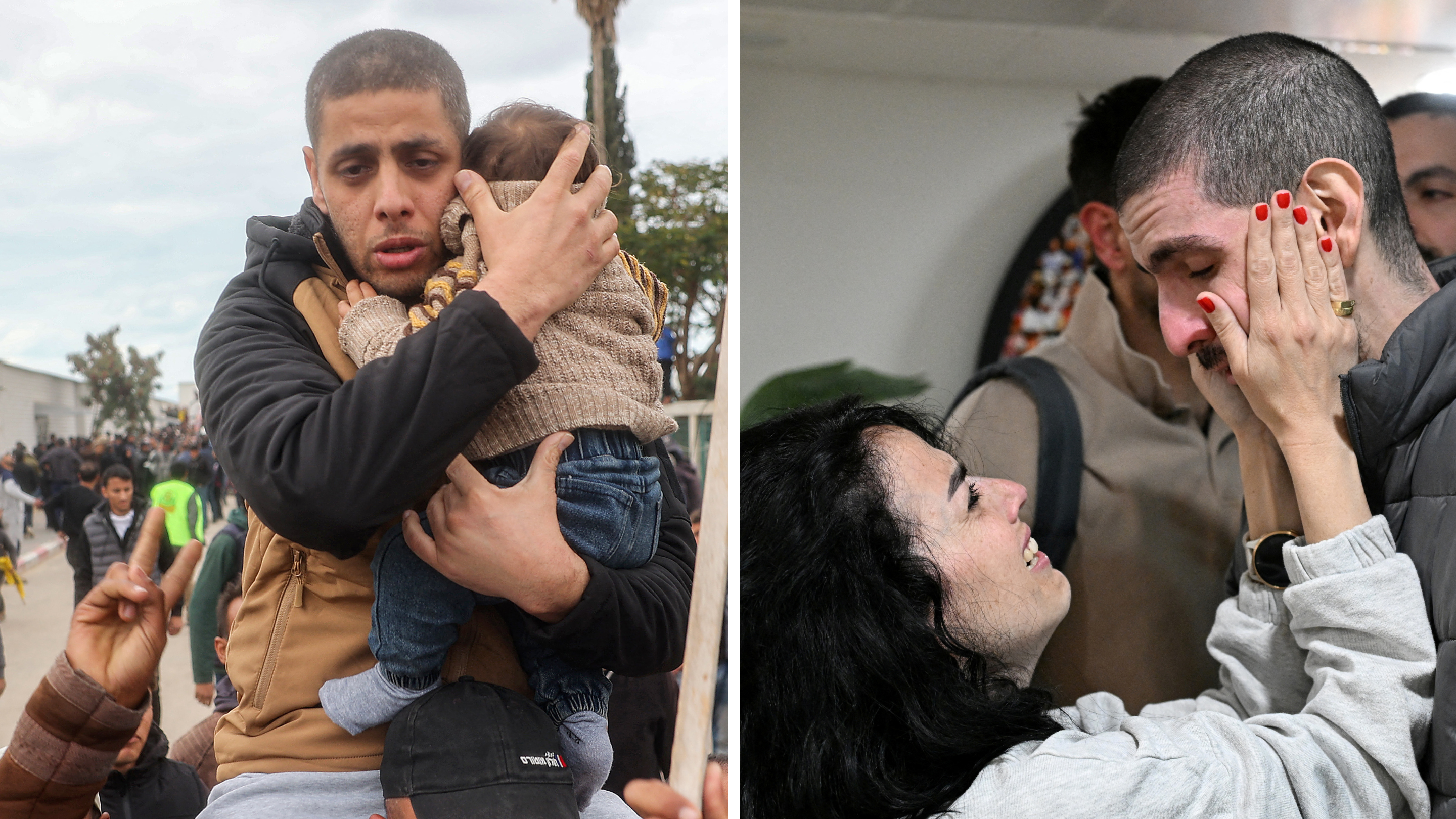 The prisoner and hostage exchange is part of the peace deal agreed between Hamas and Israel. /Eyad Baba/AFP and Haim Zach/GPO/Reuters