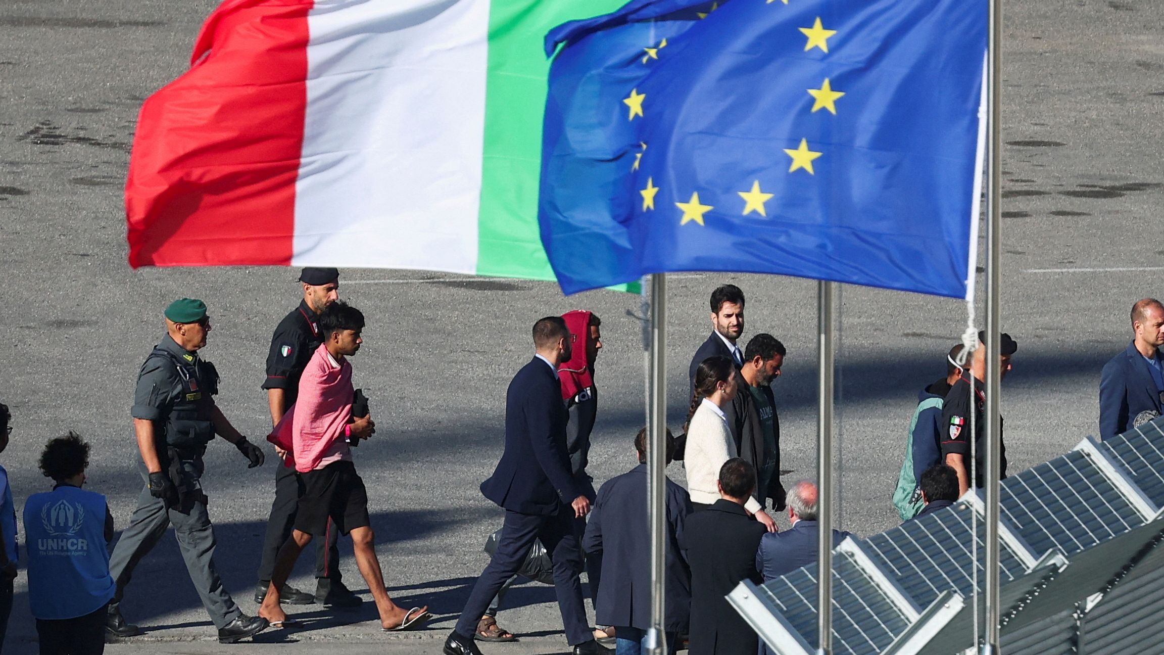 The Italian navy ship Libra arrived with the first group of migrants in Albania in October 2024. /Florion Goga/Reuters 