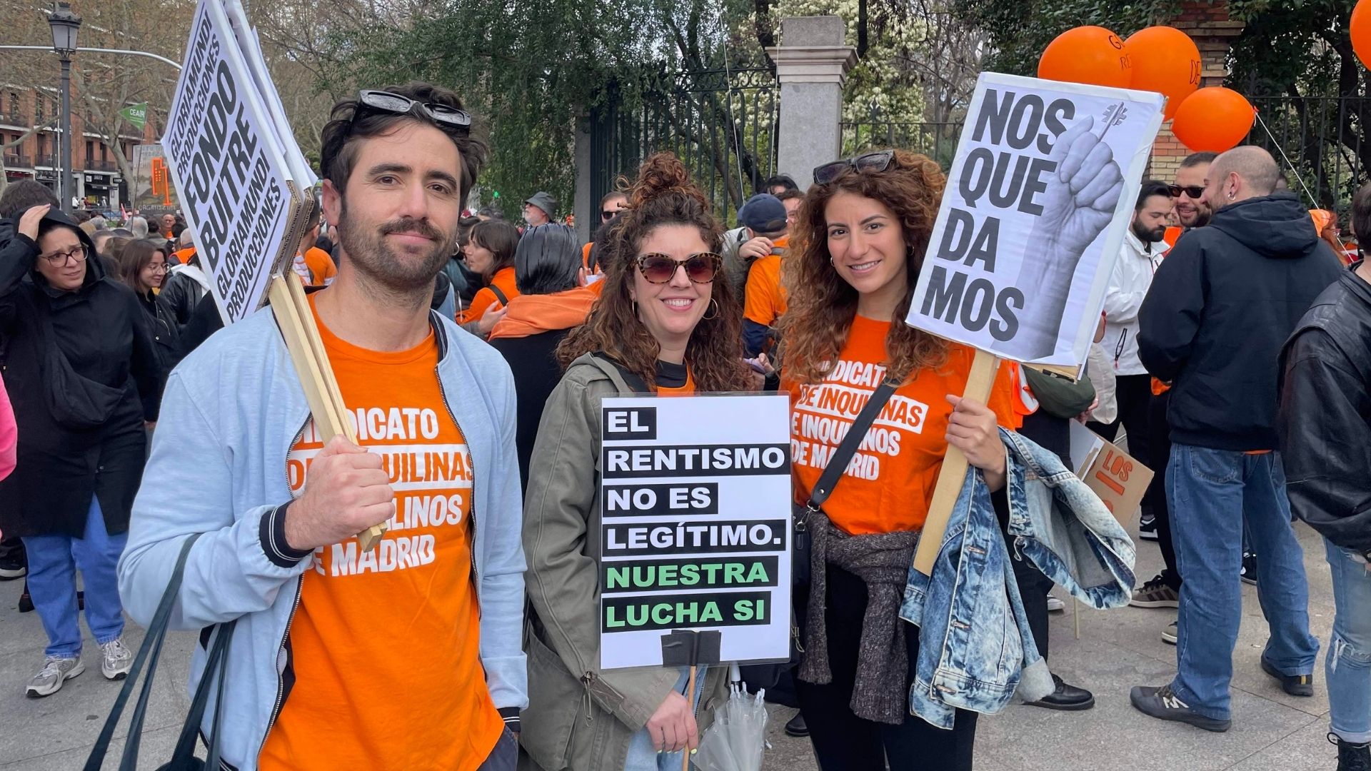 'Rent profiteering is not legitimate,' reads a sign at a massive housing protest in Madrid, on Saturday. /CGTN Europe